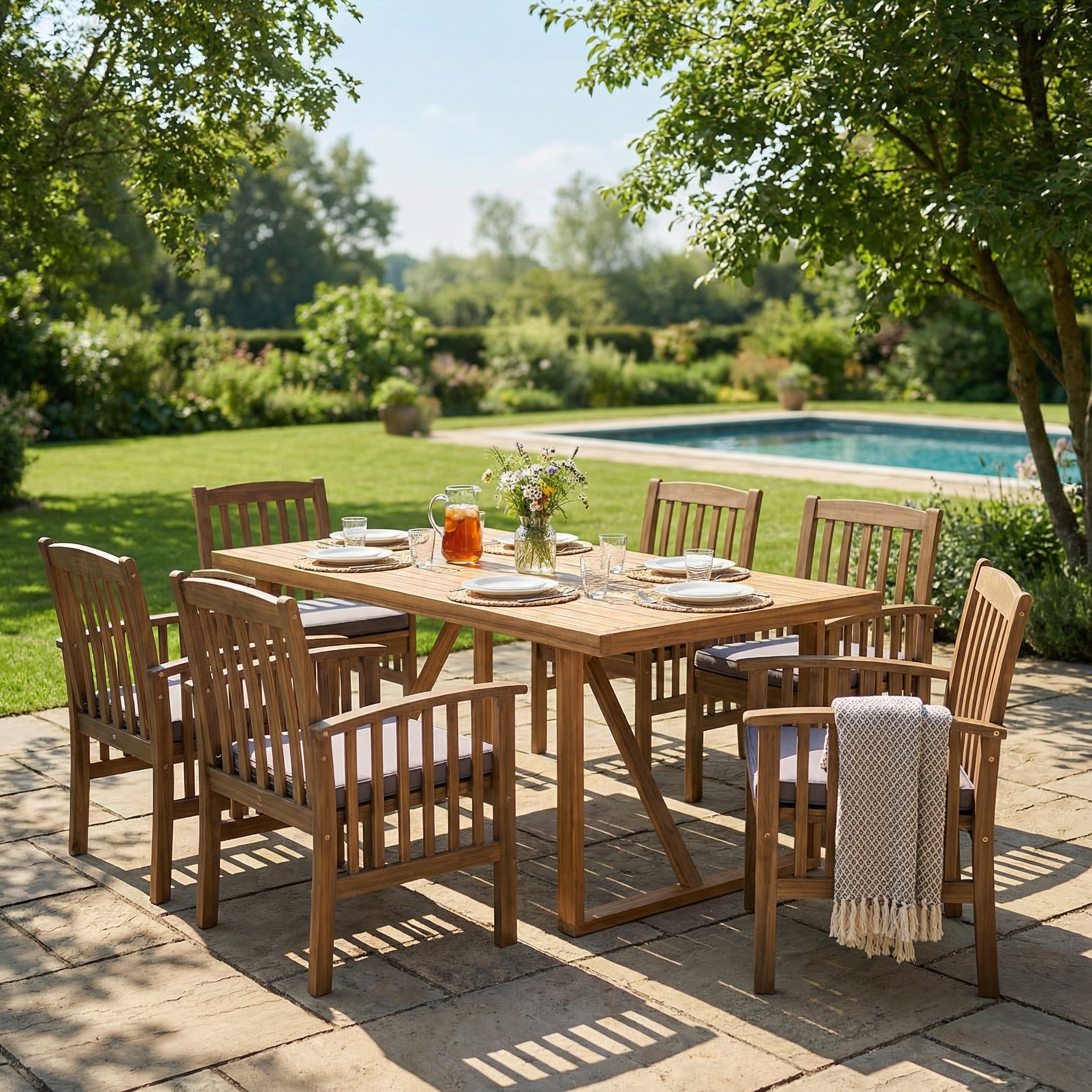 7 Pieces Acacia Wood Outdoor Dining Set s,Modern 6 Chairs 1 Large Table,Dining Furniture Set for Lawn, Backyard, Garden Deck,Poolside,Dark Grey