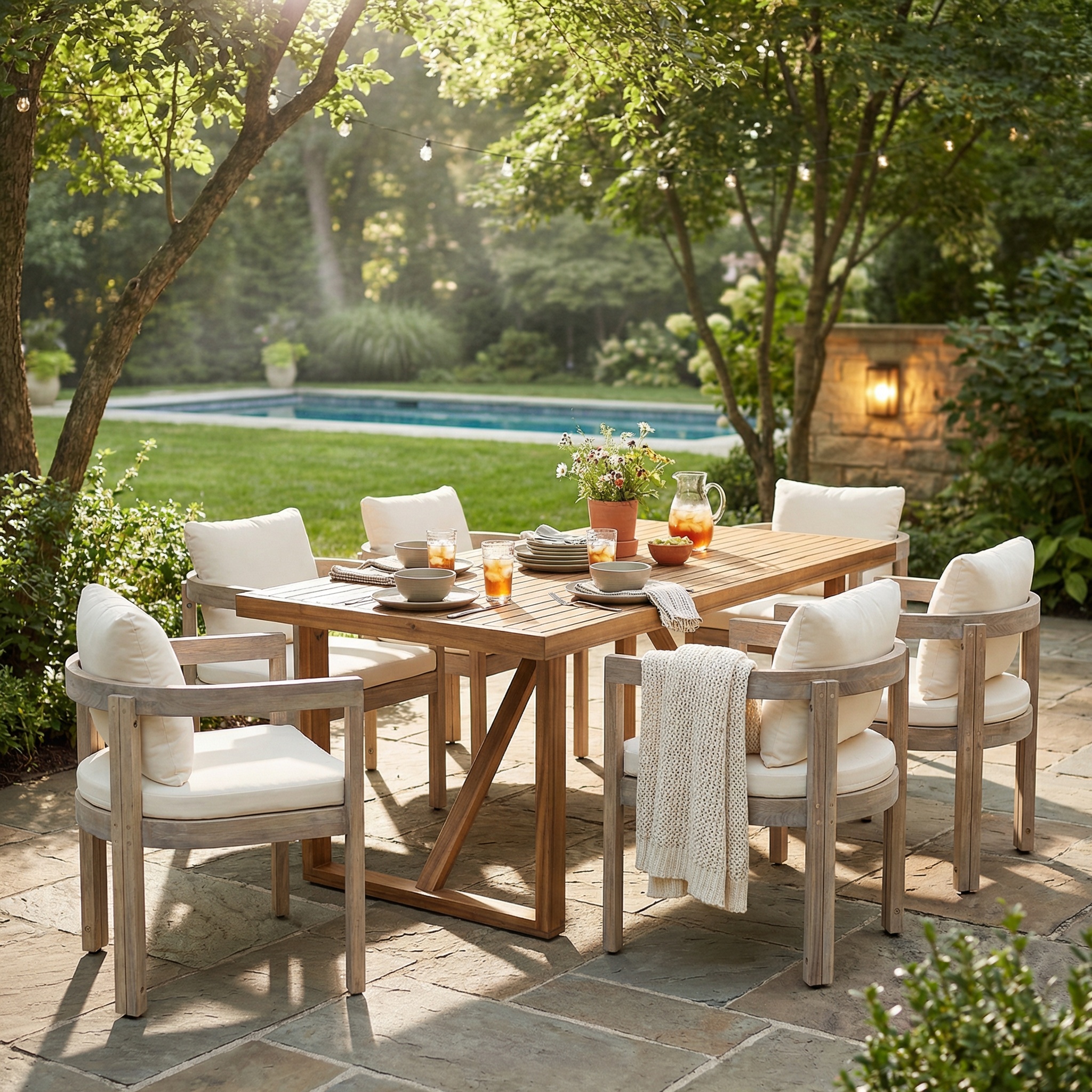 7 Pieces Acacia Wood Outdoor Dining Set with Cream Cushions,Modern 6 Chairs 1 Large Table,Dining Furniture Set for Lawn, Backyard, Garden Deck,Poolside,Teak+Light White