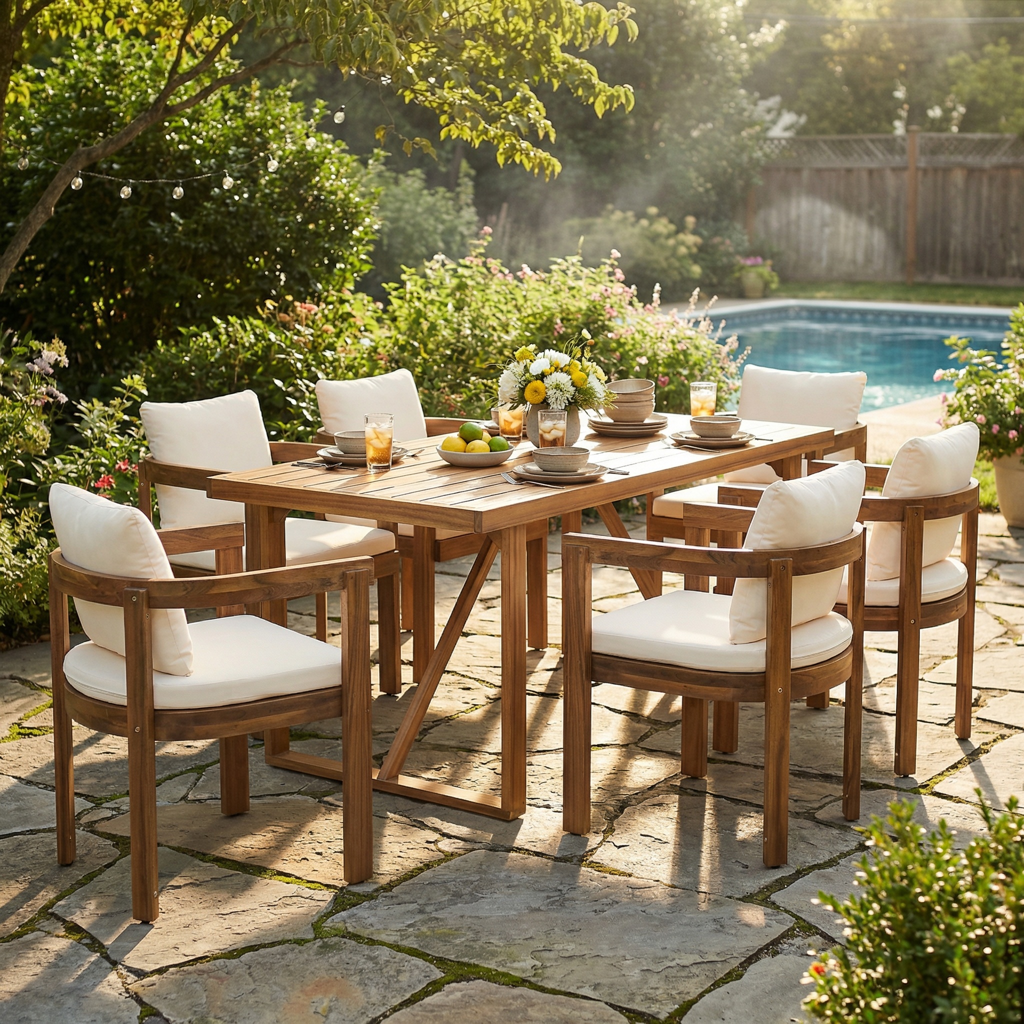 7 Pieces Acacia Wood Outdoor Dining Set with Cream Cushions,Modern 6 Chairs 1 Large Table,Dining Furniture Set for Lawn, Backyard, Garden Deck,Poolside,Teak