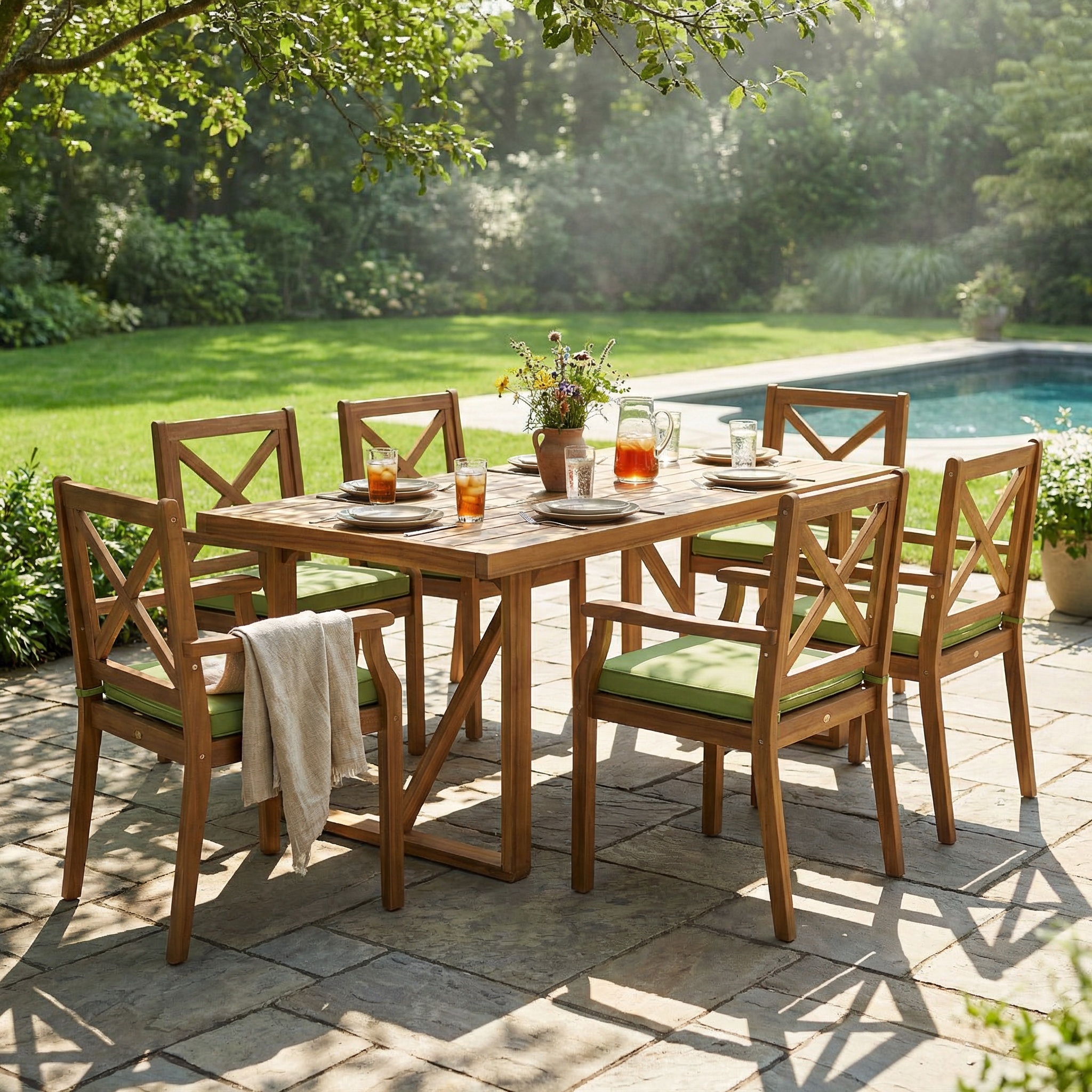 7 Pieces Acacia Wood Outdoor Dining Set with Green Cushions,Modern 6 Chairs 1 Large Table,Dining Furniture Set for Lawn, Backyard, Garden Deck,Poolside,Teak