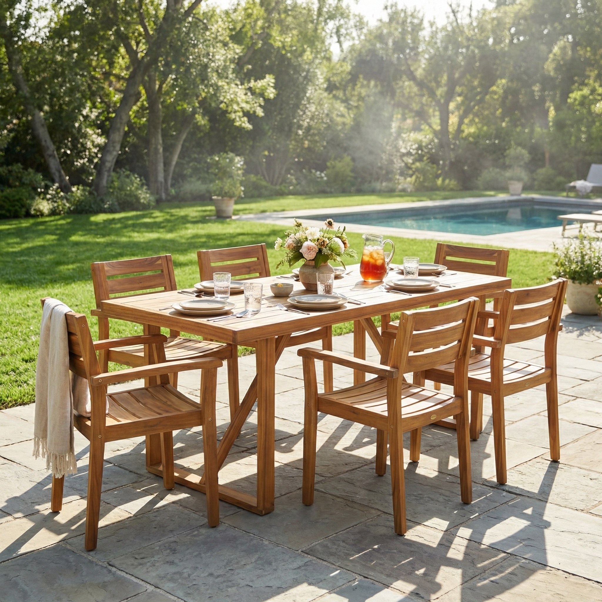 7 Pieces Acacia Wood Outdoor Dining Set s,Modern 6 Chairs 1 Large Table,Dining Furniture Set for Lawn, Backyard, Garden Deck,Poolside,Teak