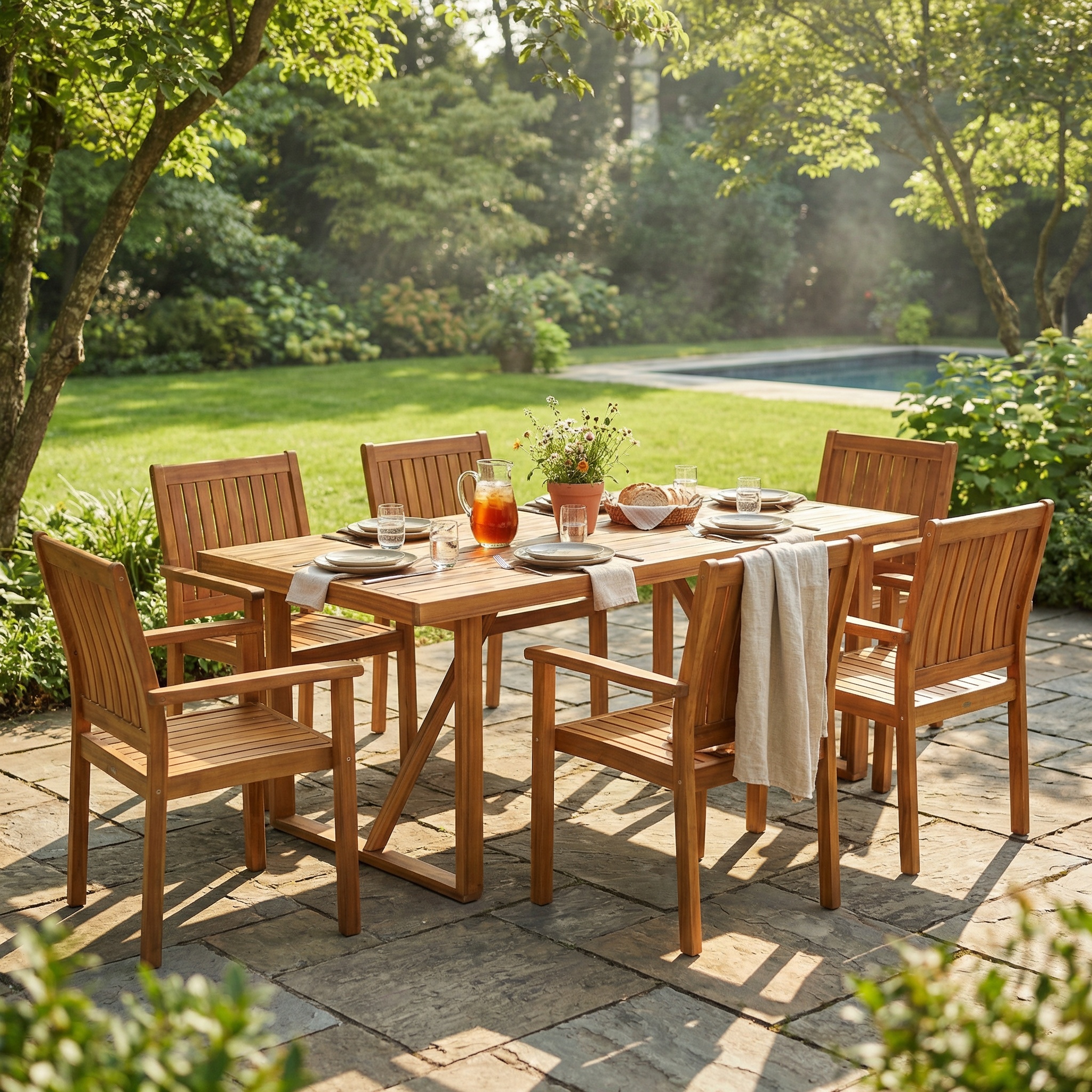 7 Pieces Acacia Wood Outdoor Dining Set s,Modern 6 Chairs 1 Large Table,Dining Furniture Set for Lawn, Backyard, Garden Deck,Poolside,Teak
