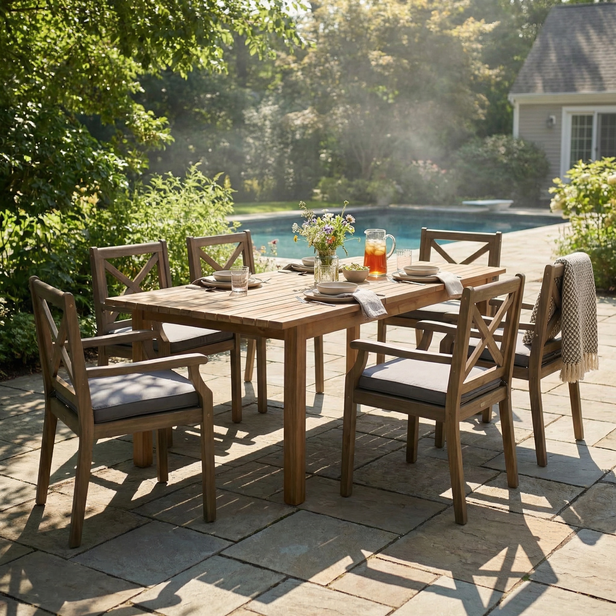 7 Pieces Acacia Wood Outdoor Dining Set with Dark Grey Cushions,Modern 6 Chairs 1 Large Table,Dining Furniture Set for Lawn, Backyard, Garden Deck,Poolside,Grey