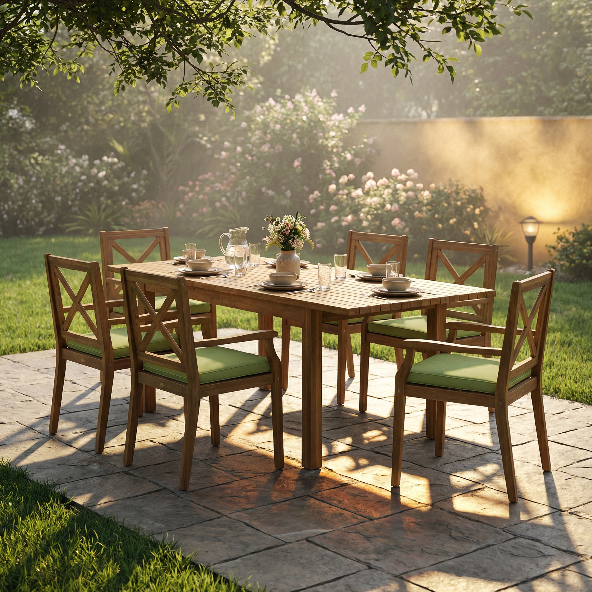 7 Pieces Acacia Wood Outdoor Dining Set with Green Cushions,Modern 6 Chairs 1 Large Table,Dining Furniture Set for Lawn, Backyard, Garden Deck,Poolside,Teak