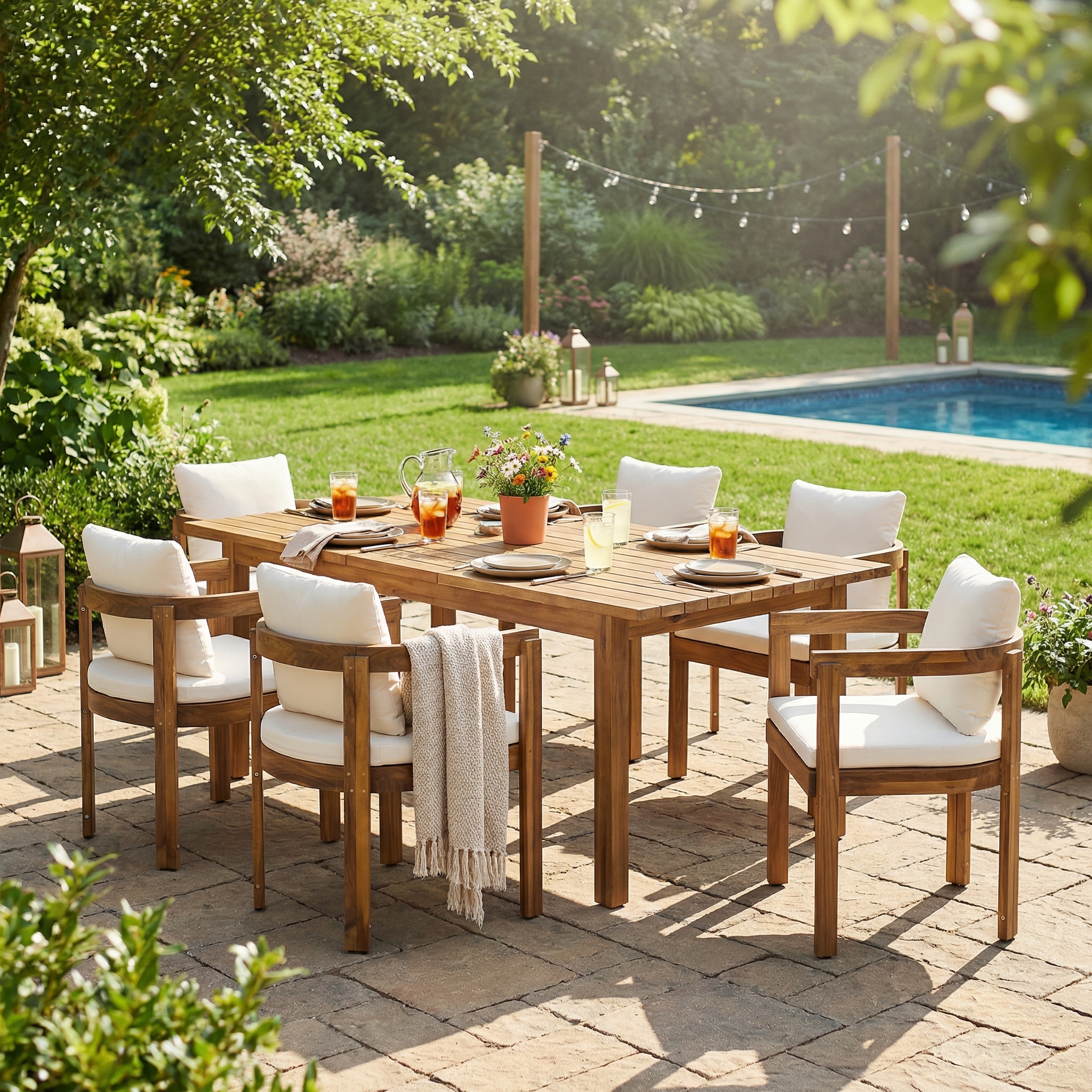 7 Pieces Acacia Wood Outdoor Dining Set with Cream Cushions,Modern 6 Chairs 1 Large Table,Dining Furniture Set for Lawn, Backyard, Garden Deck,Poolside,Teak