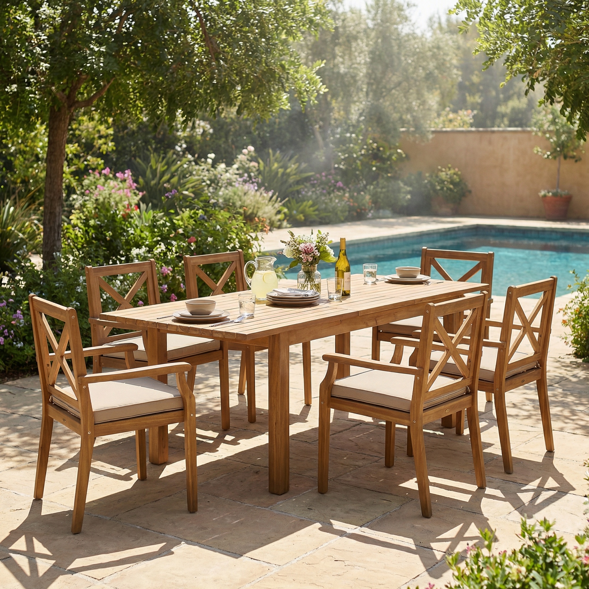 7 Pieces Acacia Wood Outdoor Dining Set with Cream Cushions,Modern 6 Chairs 1 Large Table,Dining Furniture Set for Lawn, Backyard, Garden Deck,Poolside,Teak