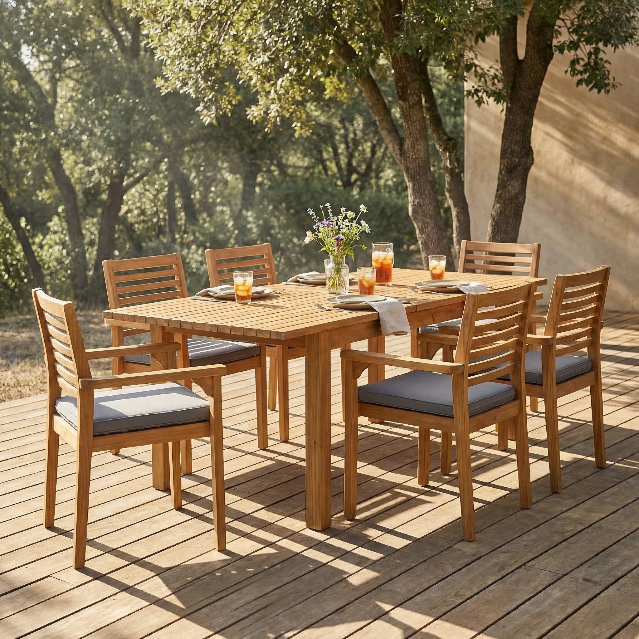 7 Pieces Acacia Wood Outdoor Dining Set s,Modern 6 Chairs 1 Large Table,Dining Furniture Set for Lawn, Backyard, Garden Deck,Poolside,Teak