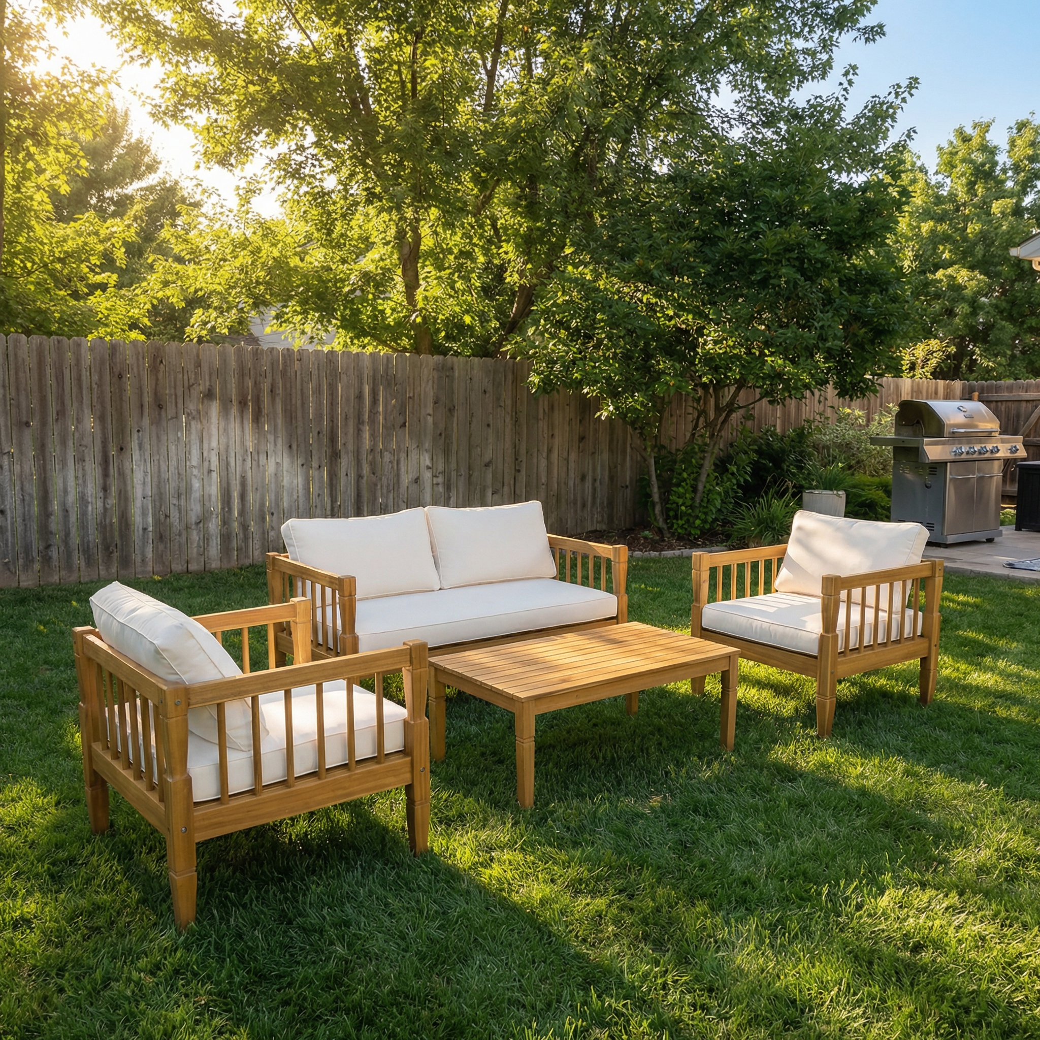 4-Piece Patio Furniture Set, Outdoor Furniture with coffee table, Patio Conversation Set Deep Seating with Thick Cushion for Backyard Porch Balcony,Teak finish