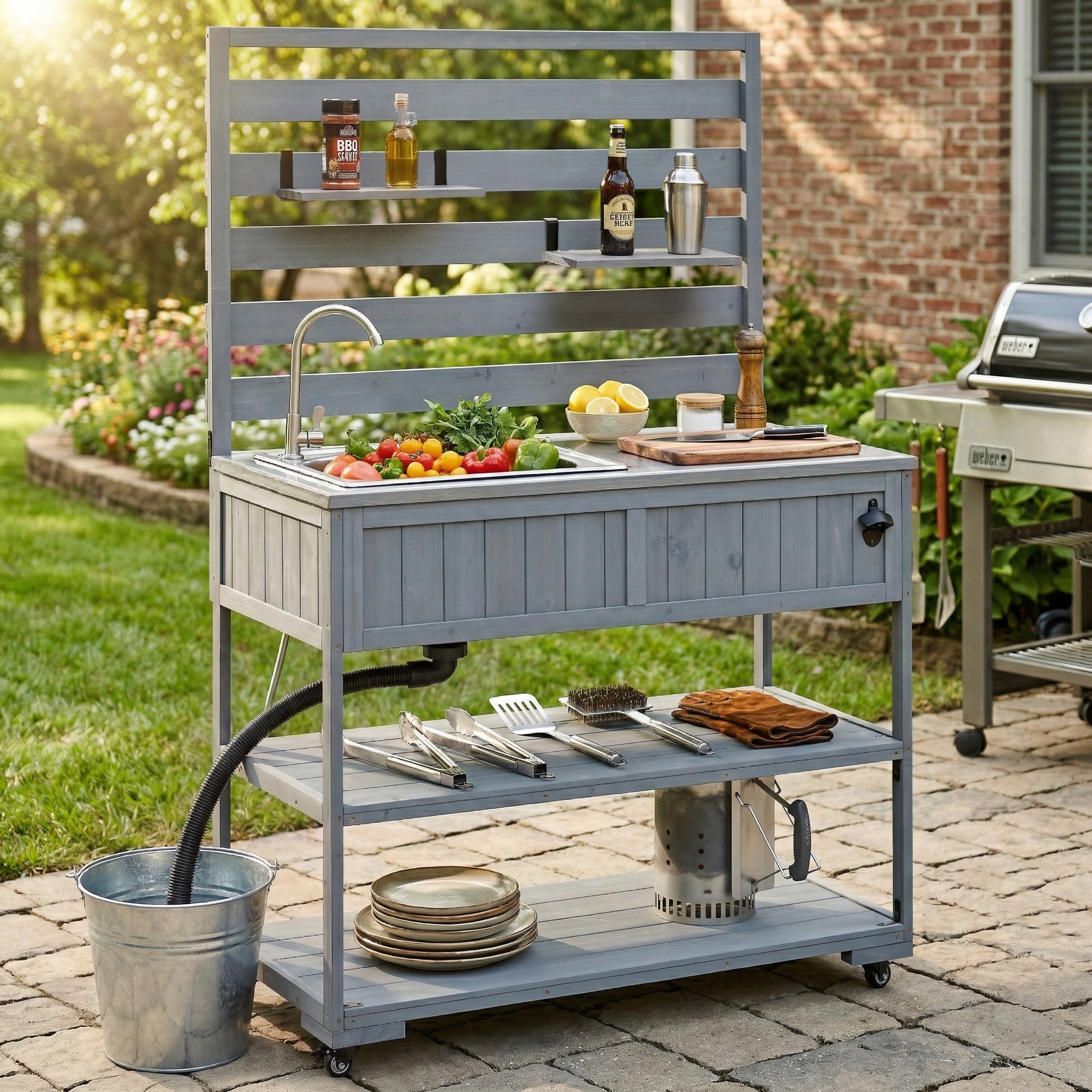 (With Assembly Video) TOPMAX 41.7” Large Patio Rolling Kitchen Island Solid Wood Kitchen Cart with Sink, Garden Potting Bench with Stainless Table Top, 2 Movable Shelves and 1 Bottle Opener,Gray