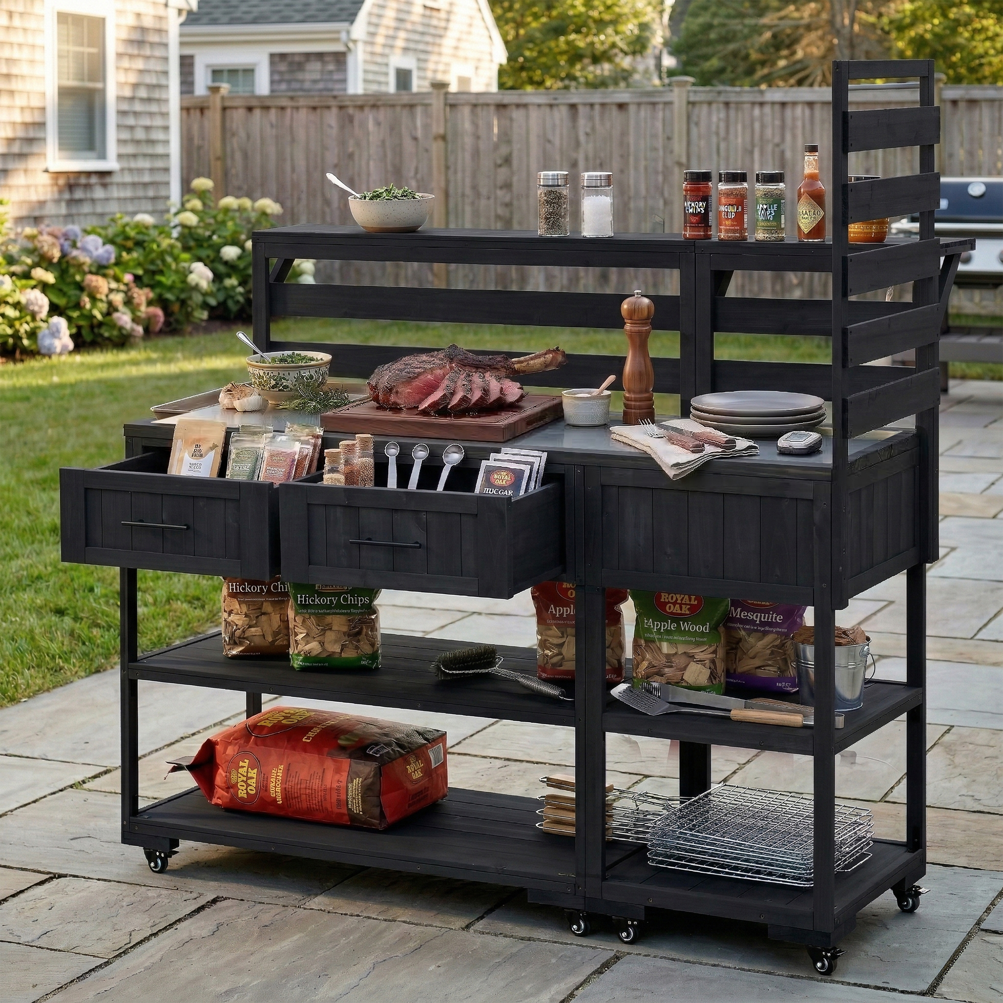 (With Assembly Video) TOPMAX 62.3” Patio Kitchen Island Solid Wood Kitchen Cart with Stainless Table Top, Garden Potting Bench with Raised Shelf and Drawers, Grill Prep Table for BBQ, Party, Black
