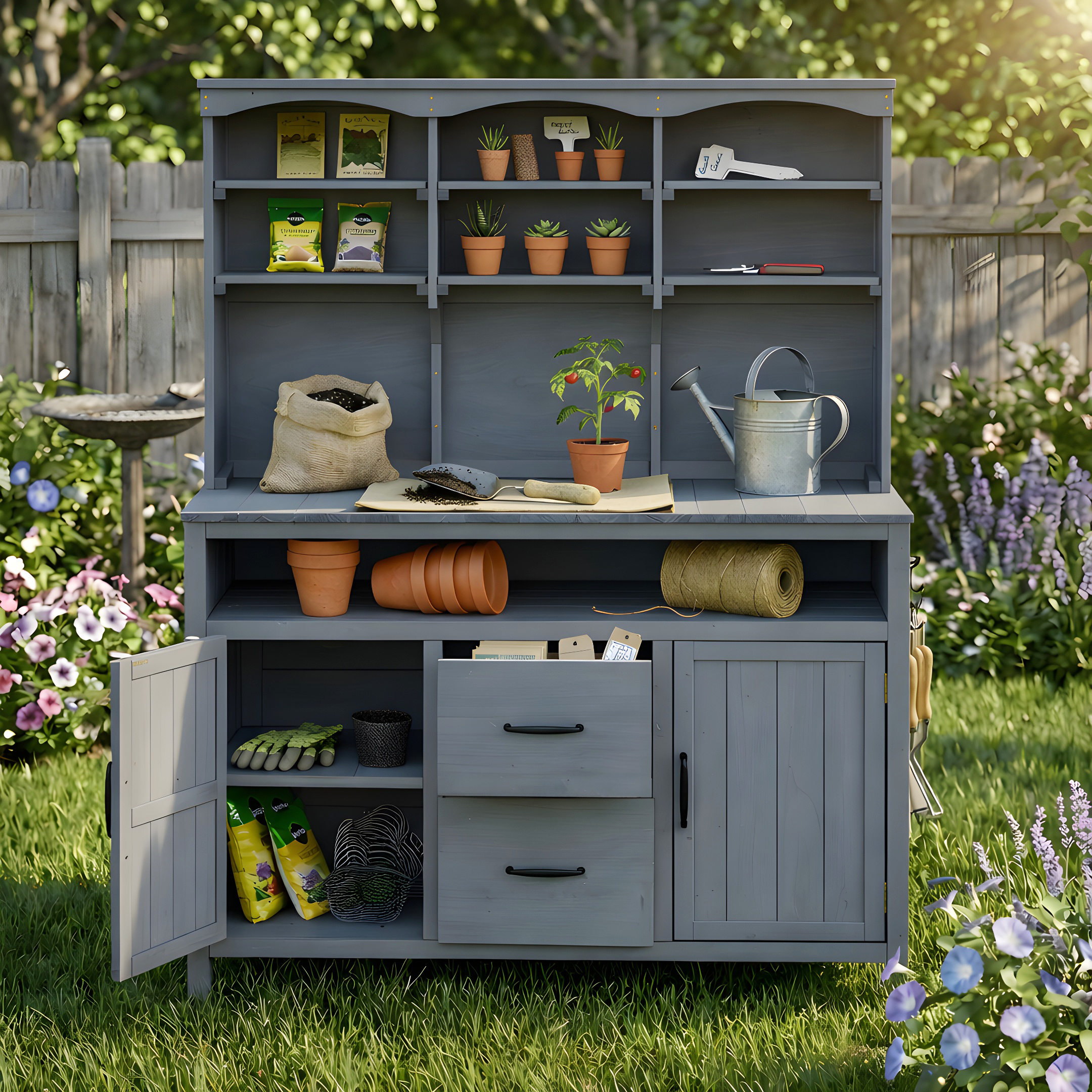 (With Assembly Video)TOPMAX Large Fir Wood Potting Bench, 45.3”L Multi-Functional Outdoor Patio Kitchen Island with Hutch, Cabinets, Drawers & Hooks , Large Countertop for Gardening, Grill, Gray