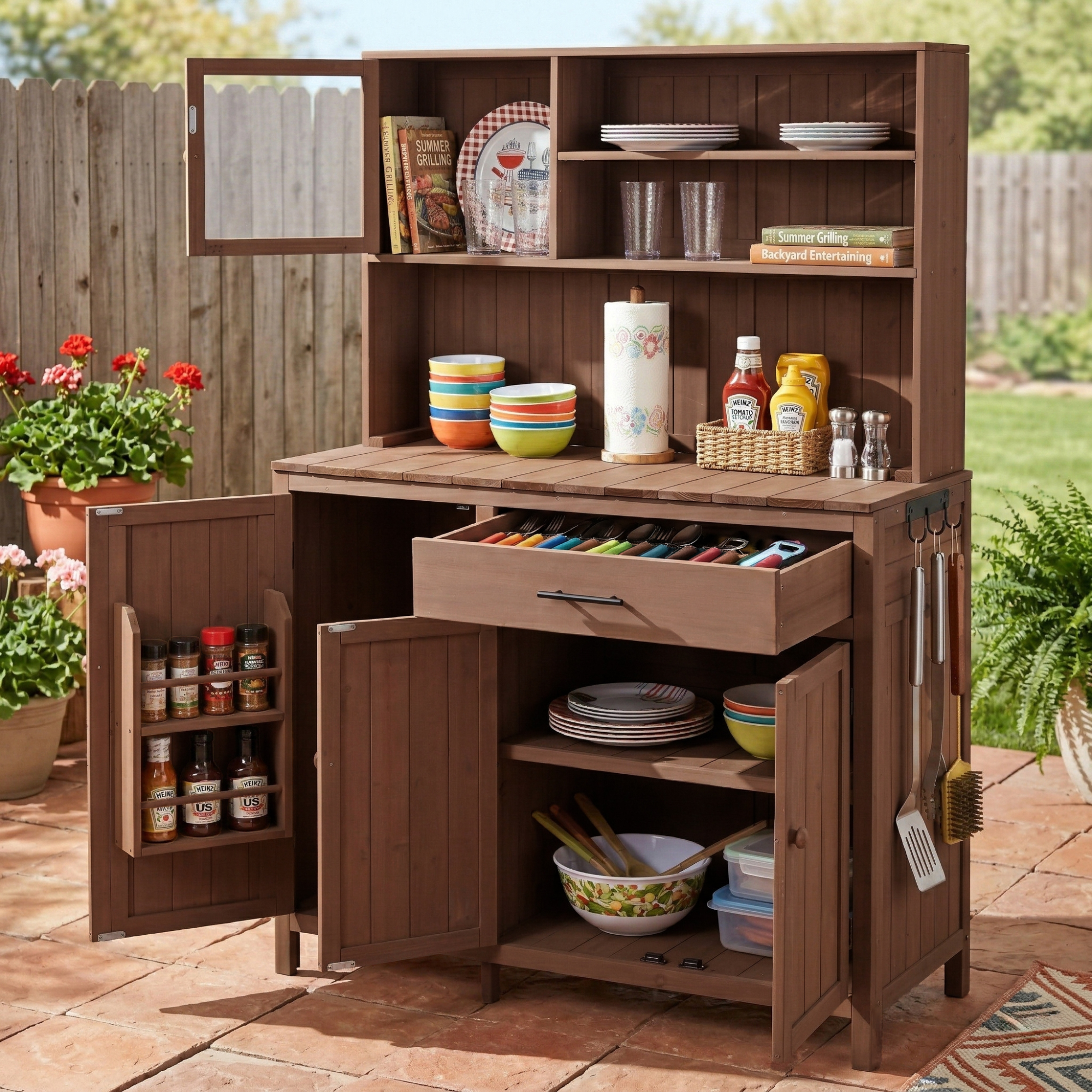 (With Assembly Video) TOPAMX Potting Bench with Hutch, 65″ H Solid Fir Wood Garden Workstation, Large Countertop, Patio Kitchen Island with Adjustable Shelves, Spice Rack, Side Hook and Drawer, Brown