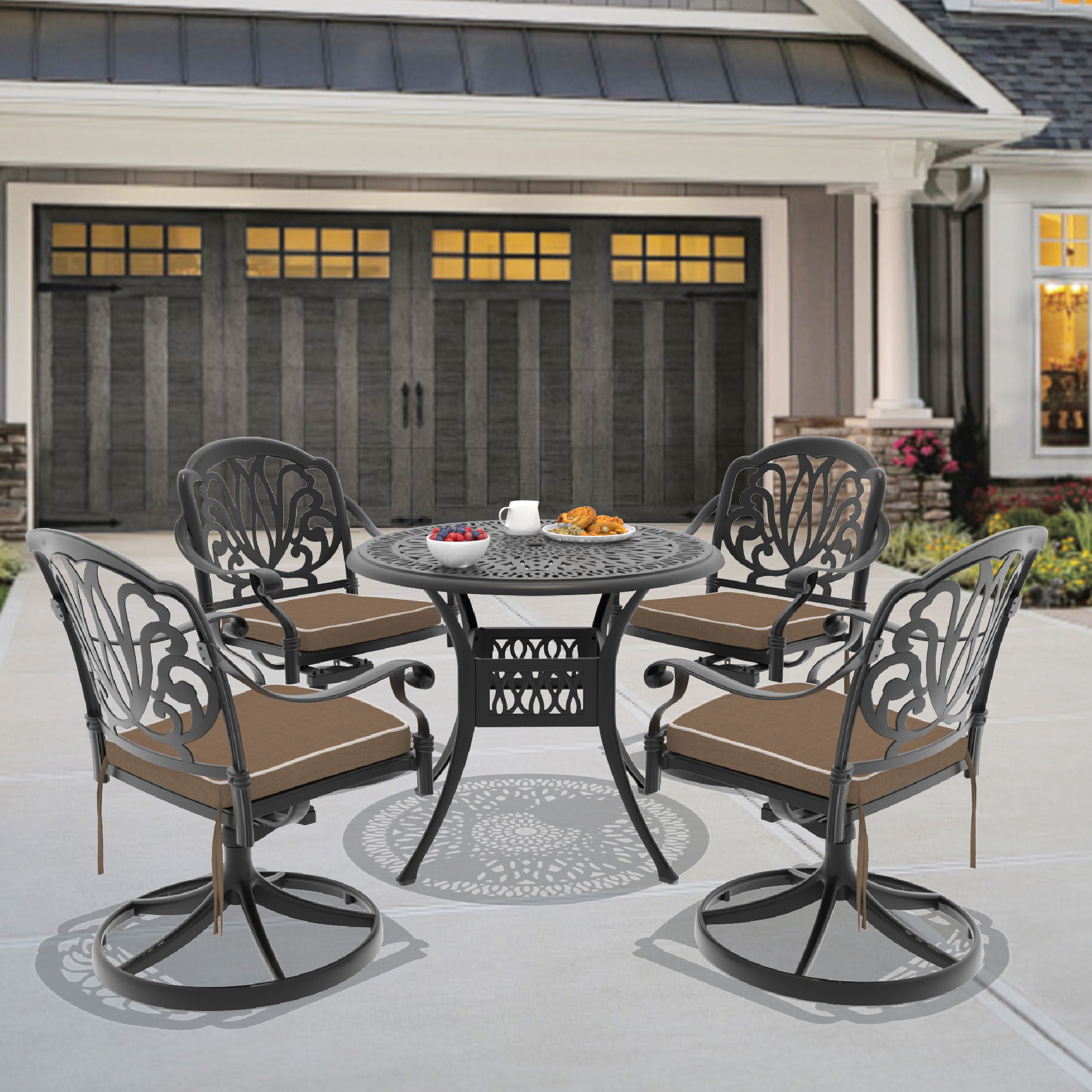 5-Piece All-Weather Cast Aluminum Dining Set, Include 4 Swivel Chairs and 35.43″ Round Table With Black Frame (same sku: W1710S00263 )