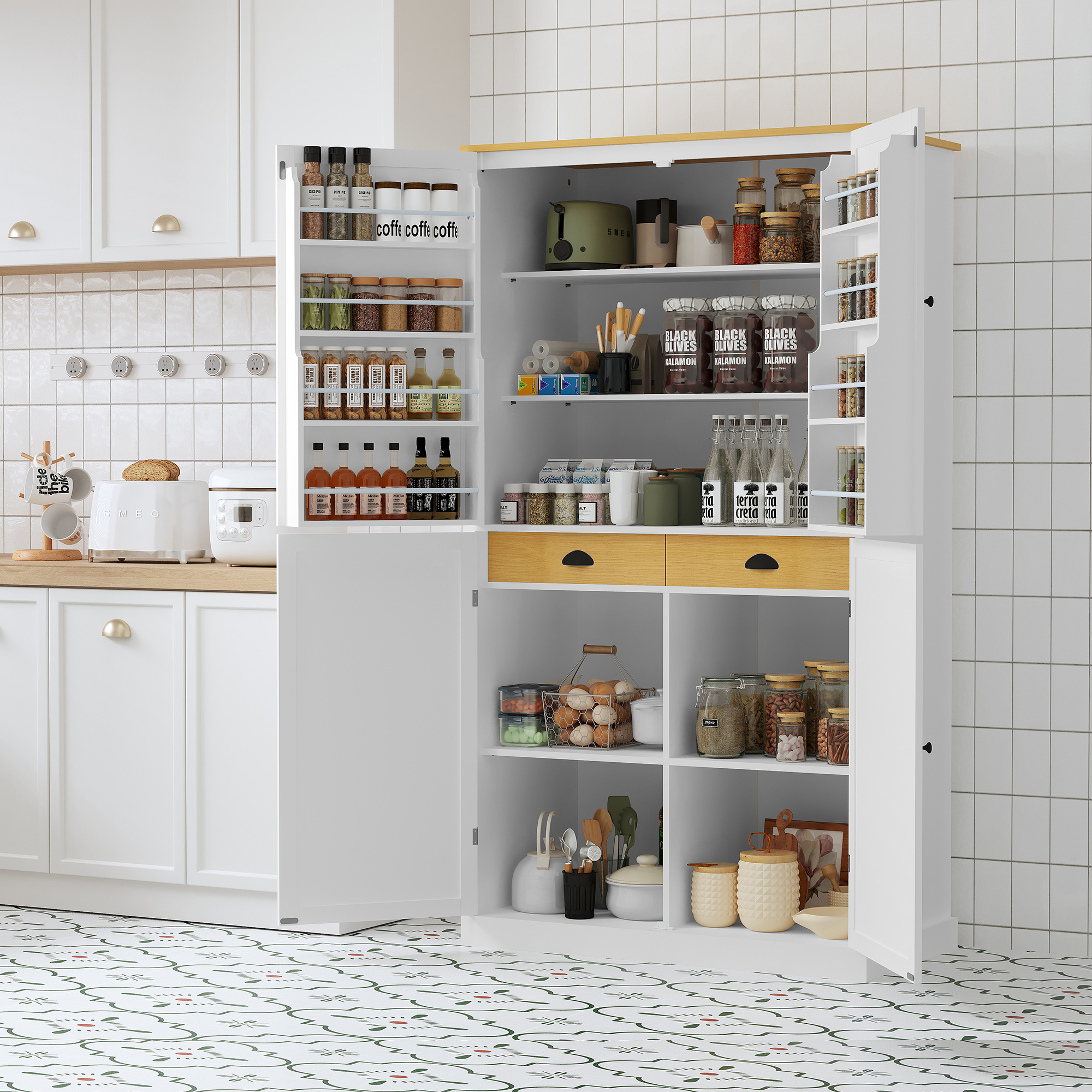 [Assembly Video Provided]TOPMAX 40.2x20x71.3inch High Freestanding Kitchen Pantry Large Cupboard Storage Cabinet with 2 Drawers, 2 Adjustable Shelves, 8 Door Shelves for Kitchen, Dining Room,White