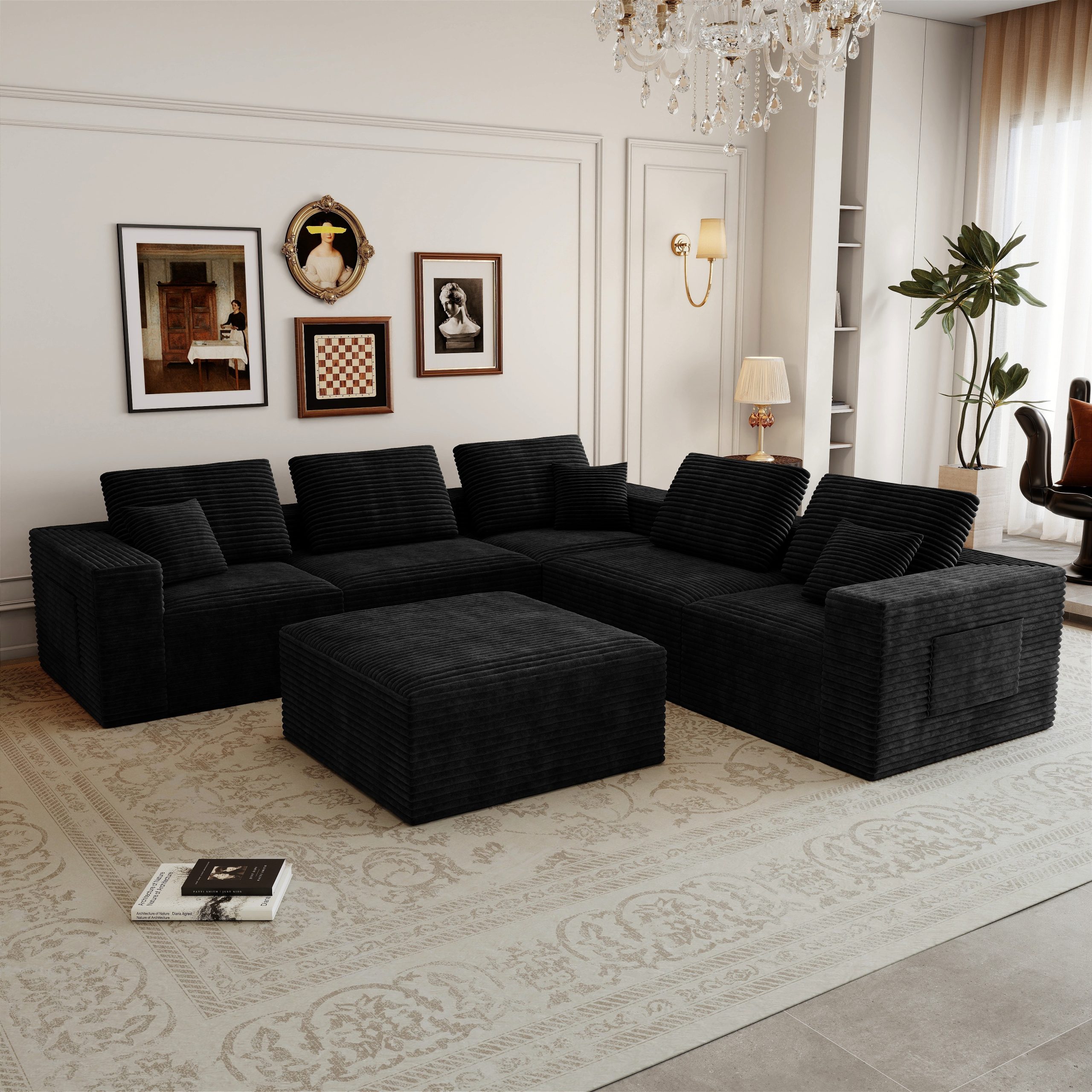106.30*106.30″Modular sectional sofa seat,Upholstered compressed couch for living room,Bedroom,Apartment,No assembly required,6 PC free combination,Plush corduroy fabric,BLACK