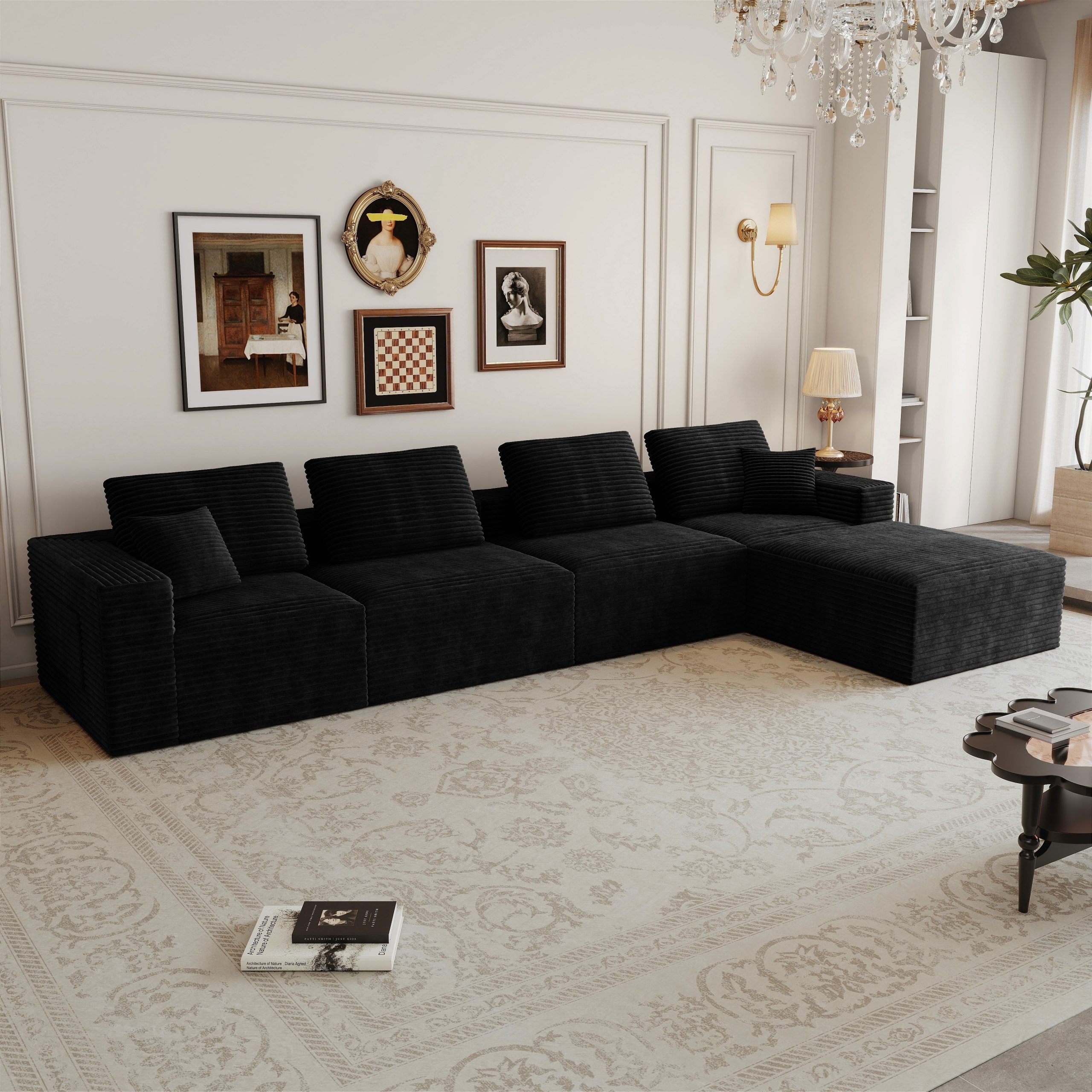 141.73*70.87″Modular sectional sofa seat,Upholstered compressed couch for living room,Bedroom,Apartment,No assembly required,5 PC free combination,Plush corduroy fabric,BLACK