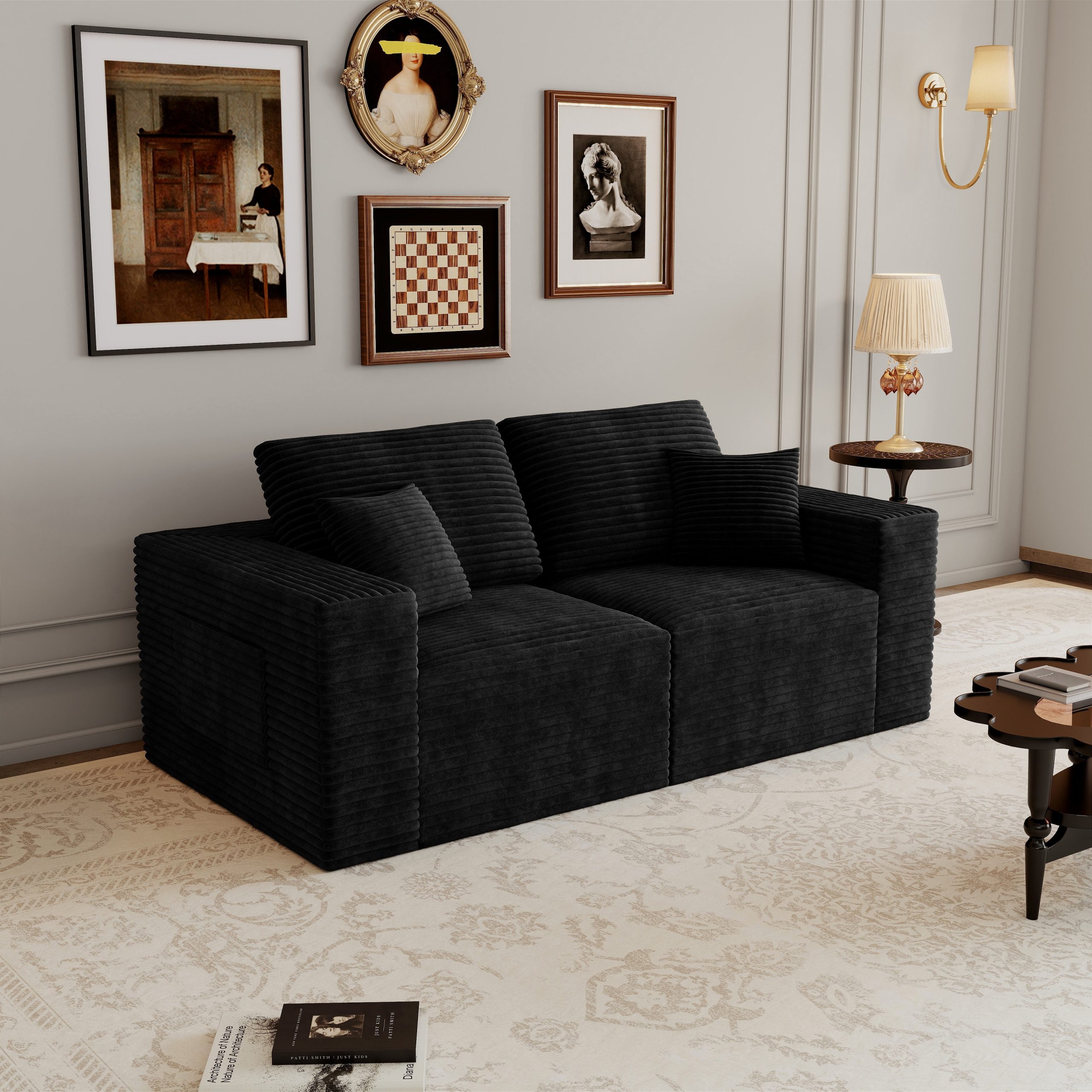 70.87*35.43″Modular sectional sofa seat,Upholstered compressed couch for living room,Bedroom,Apartment,No assembly required,2 PC free combination,Plush corduroy fabric,BLACK