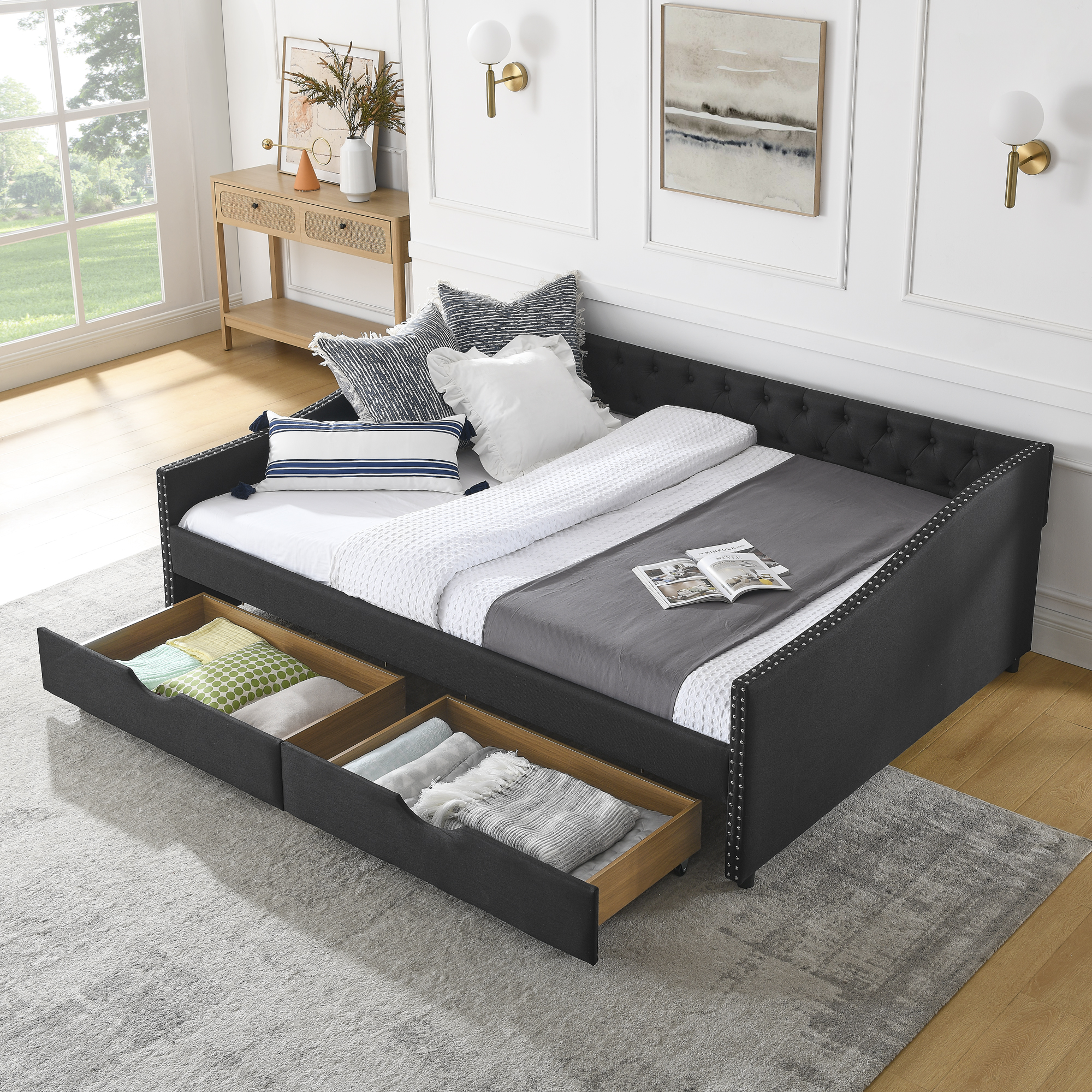 Queen Size Daybed with Drawers Upholstered Tufted Sofa Bed,,with Button on Back and Copper Nail on Waved Shape Arms(84.5″x63.5″x26.5″) (OLD SKU: W1413S00033)