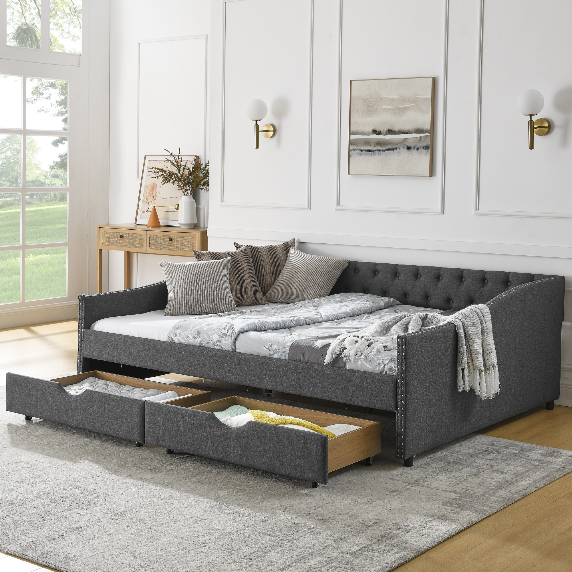 Queen Size Daybed with Drawers Upholstered Tufted Sofa Bed,,with Button on Back and Copper Nail on Waved Shape Arms(84.5″x63.5″x26.5″) (OLD SKU: W1413S00034)