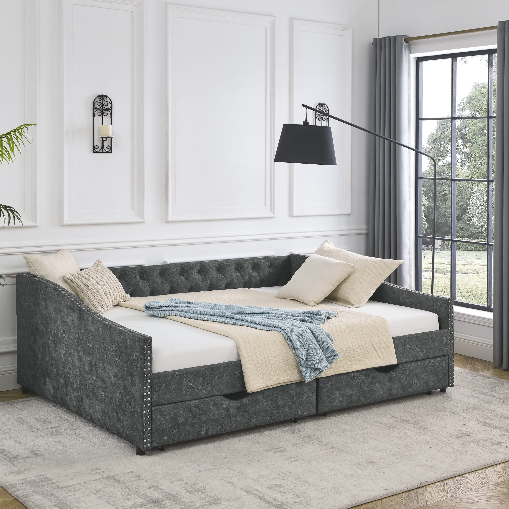 Queen Size Daybed with Drawers Upholstered Tufted Sofa Bed,,with Button on Back and Copper Nail on Waved Shape Arms (OLD SKU: W1413S00009)