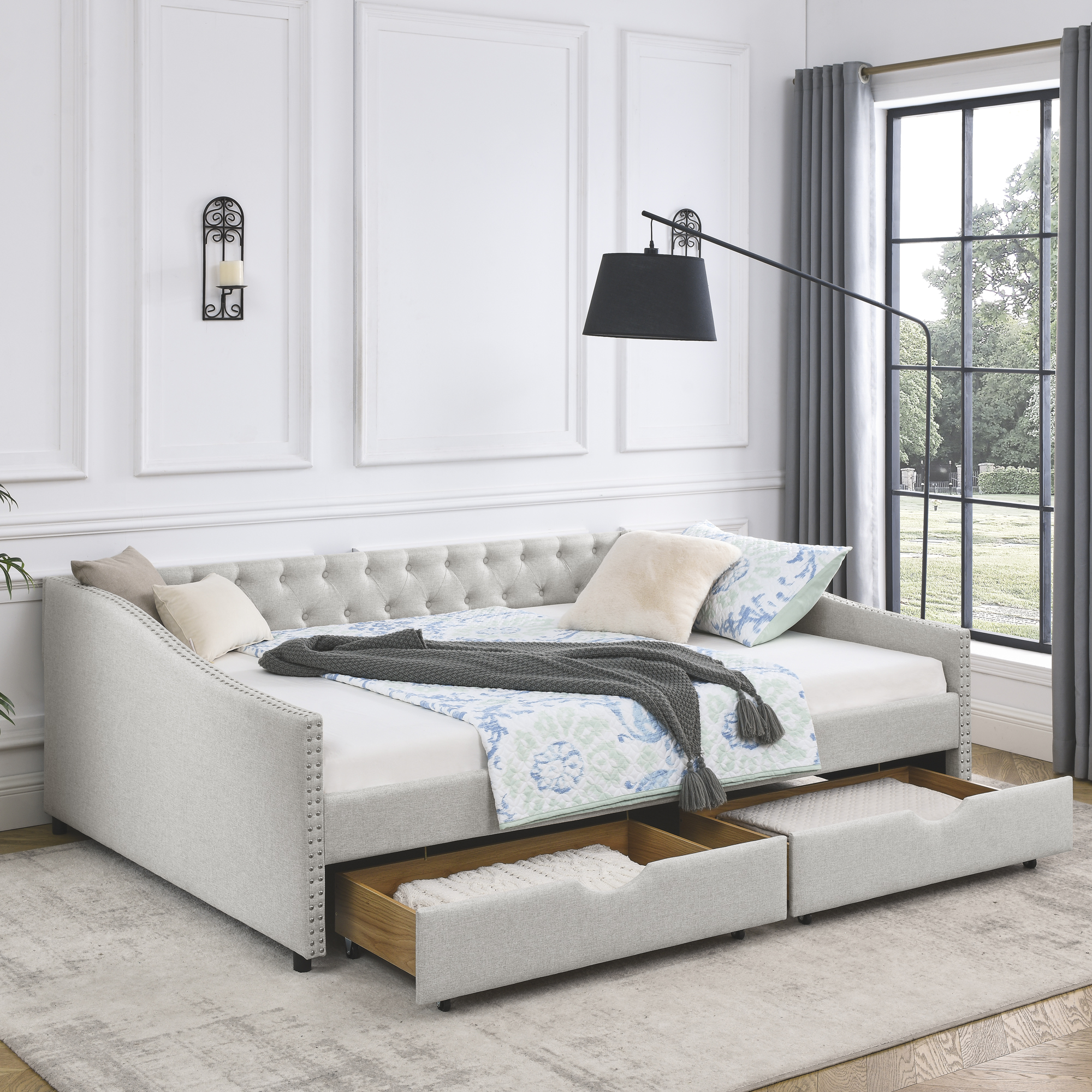 Queen Size Daybed with Drawers Upholstered Tufted Sofa Bed,,with Button on Back and Copper Nail on Waved Shape Arms, Beige (84.5″x63.5″x26.5″) (OLD SKU: W1413S00010)