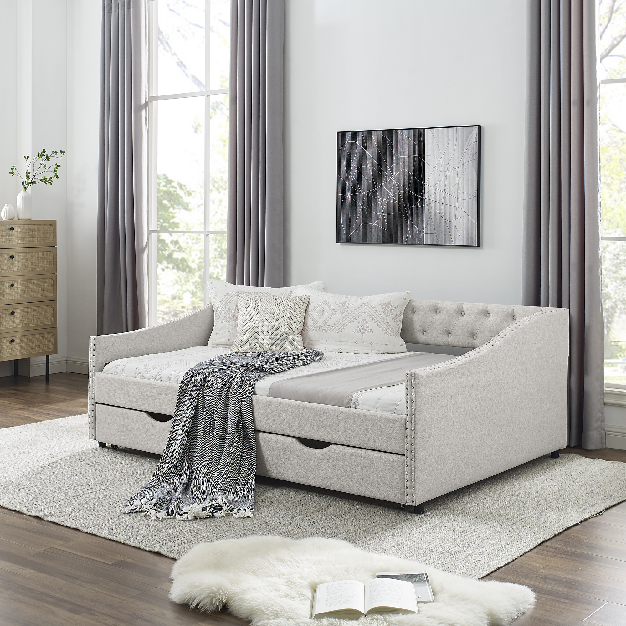 Full Size Daybed with Drawers Upholstered Tufted Sofa Bed, with Button on Back and Copper Nail on Waved Shape Arms, Beige (80.5”x55.5”x27.5”) (OLD SKU: W1413S00004)