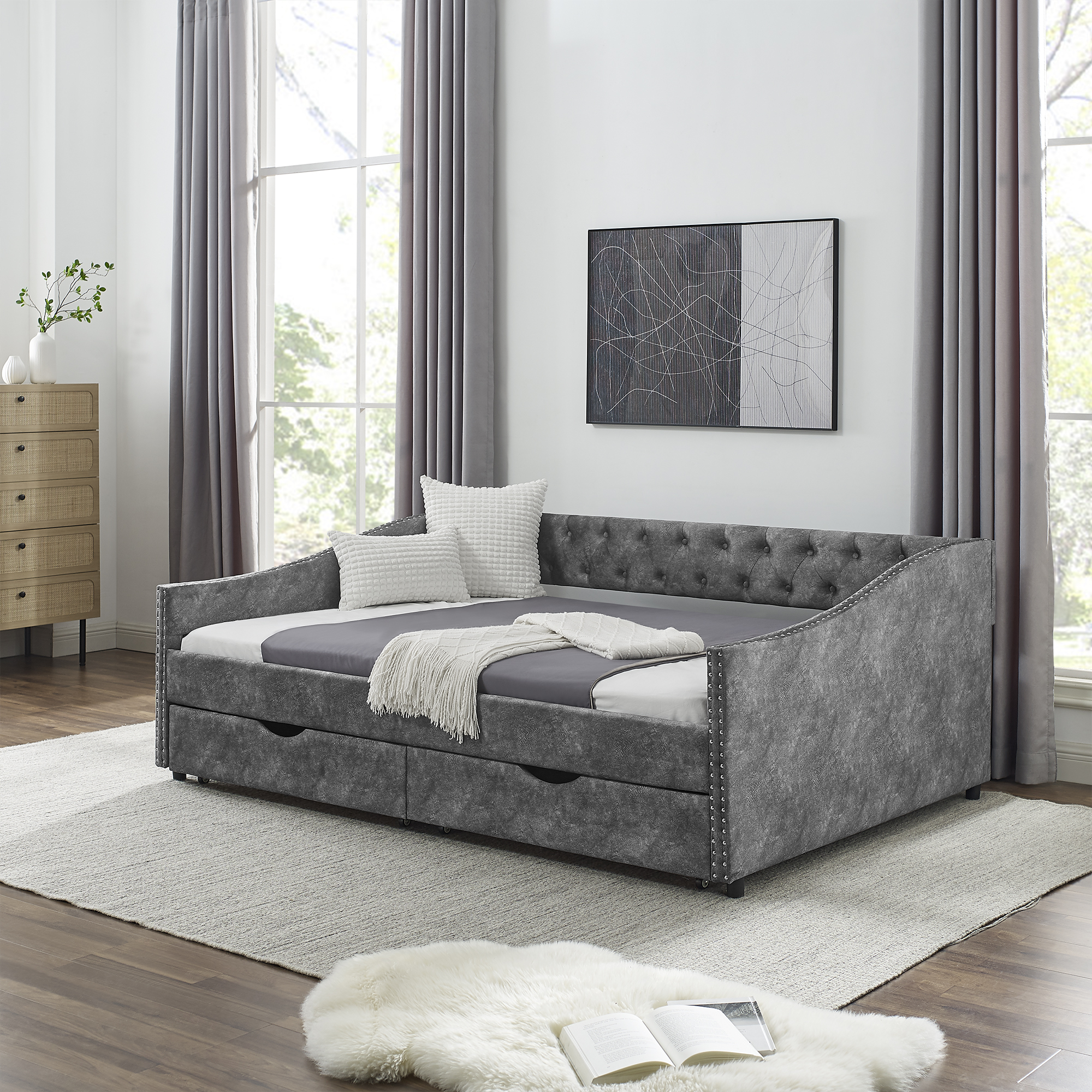 Full Size Daybed with Drawers Upholstered Tufted Sofa Bed, with Button on Back and Copper Nail on Waved Shape Arms, Grey (80.5”x55.5”x27.5”) (OLD SKU: W1413S00003)