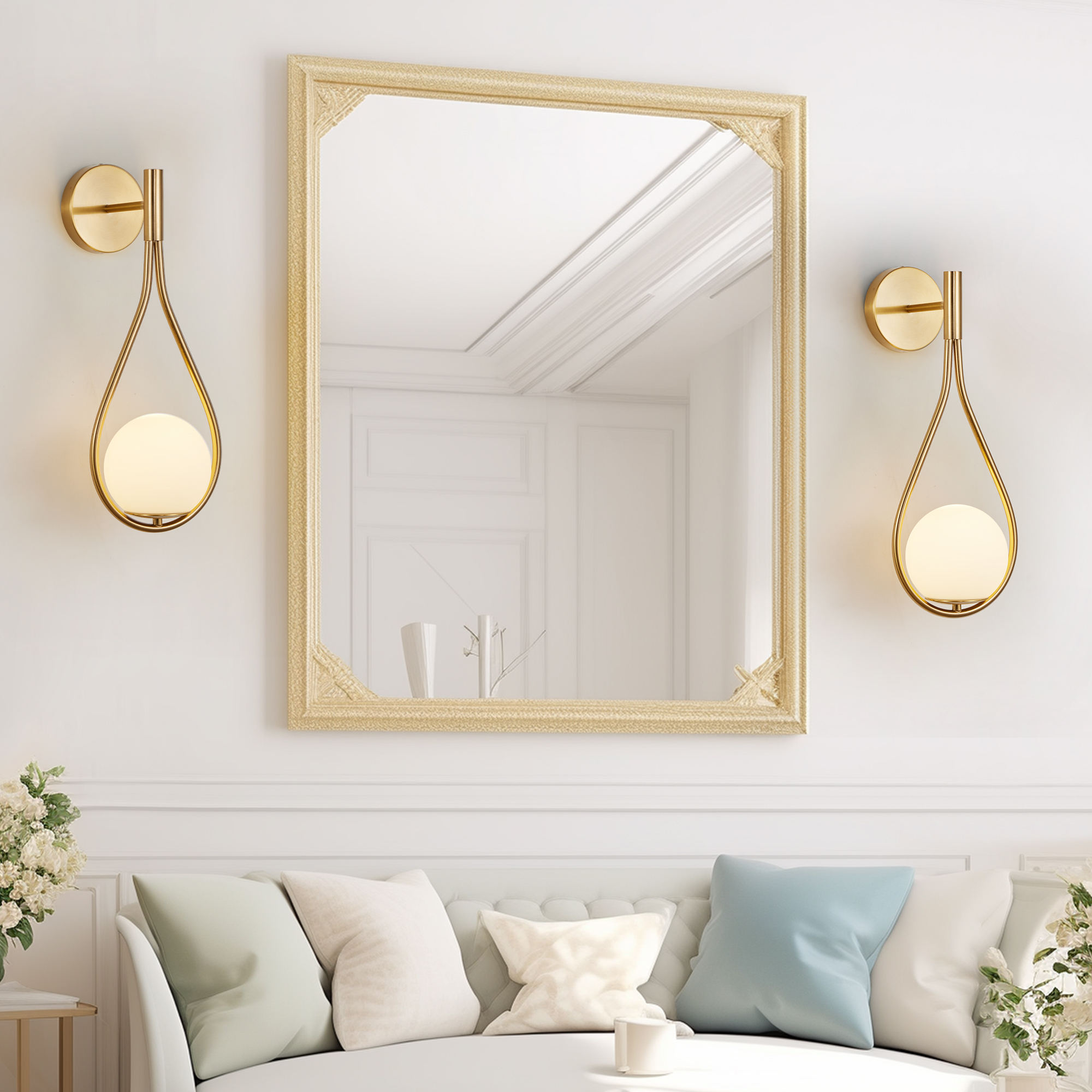 19″ Set of 2 Modern Golden Wall Sconces with Opal Glass Globe, Mid-Century Design, Luxury Wall Lights for Bedroom, Living Room, Hallway (No Bulb)