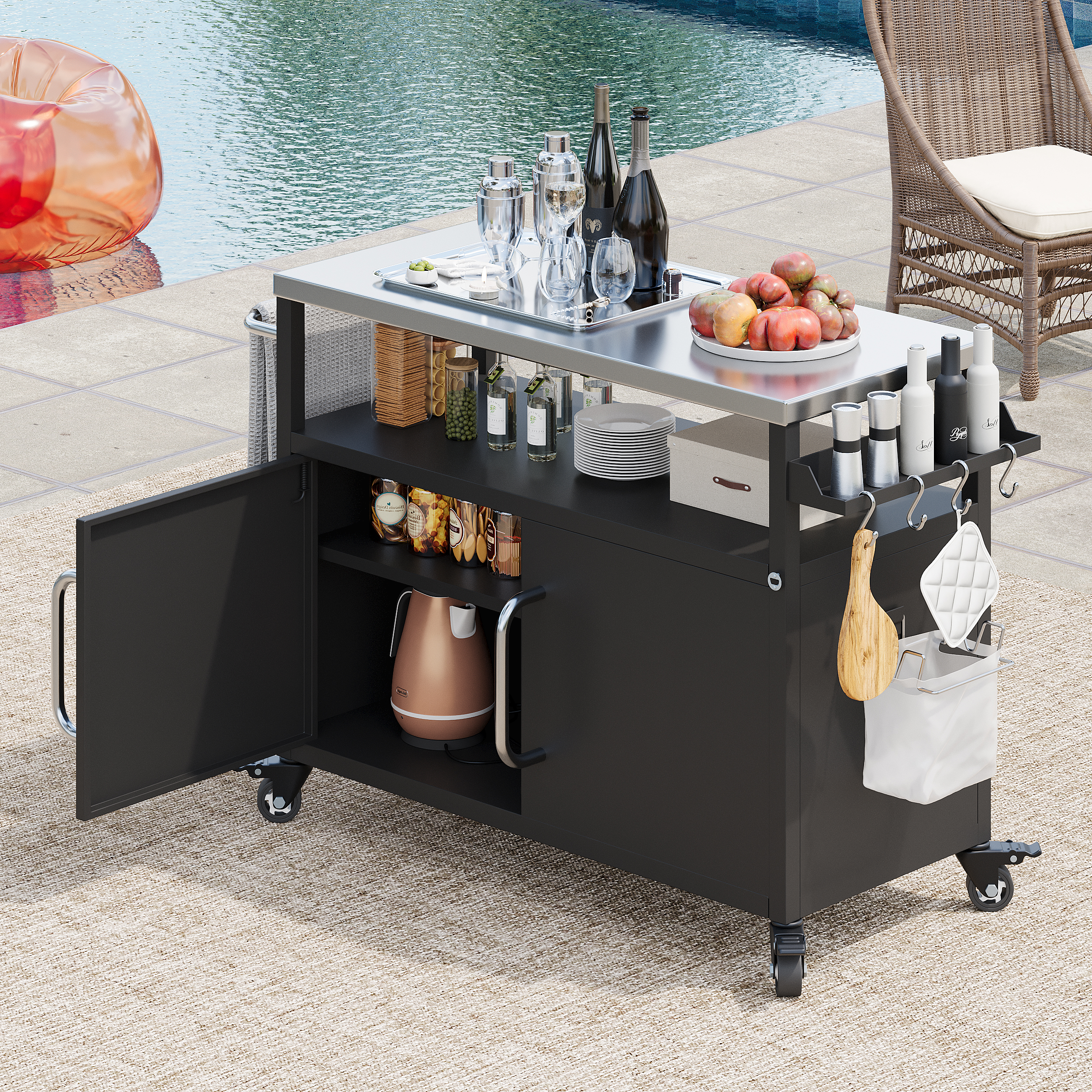 K&K 54.5″ Outdoor Kitchen Island with Stainless Steel Tabletop, Metal Grill Cart Table with Storage Cabinet, Spice Rack and Towel Rack, Outdoor Bar Cart with 4 Lockable Wheels for Outside BBQ
