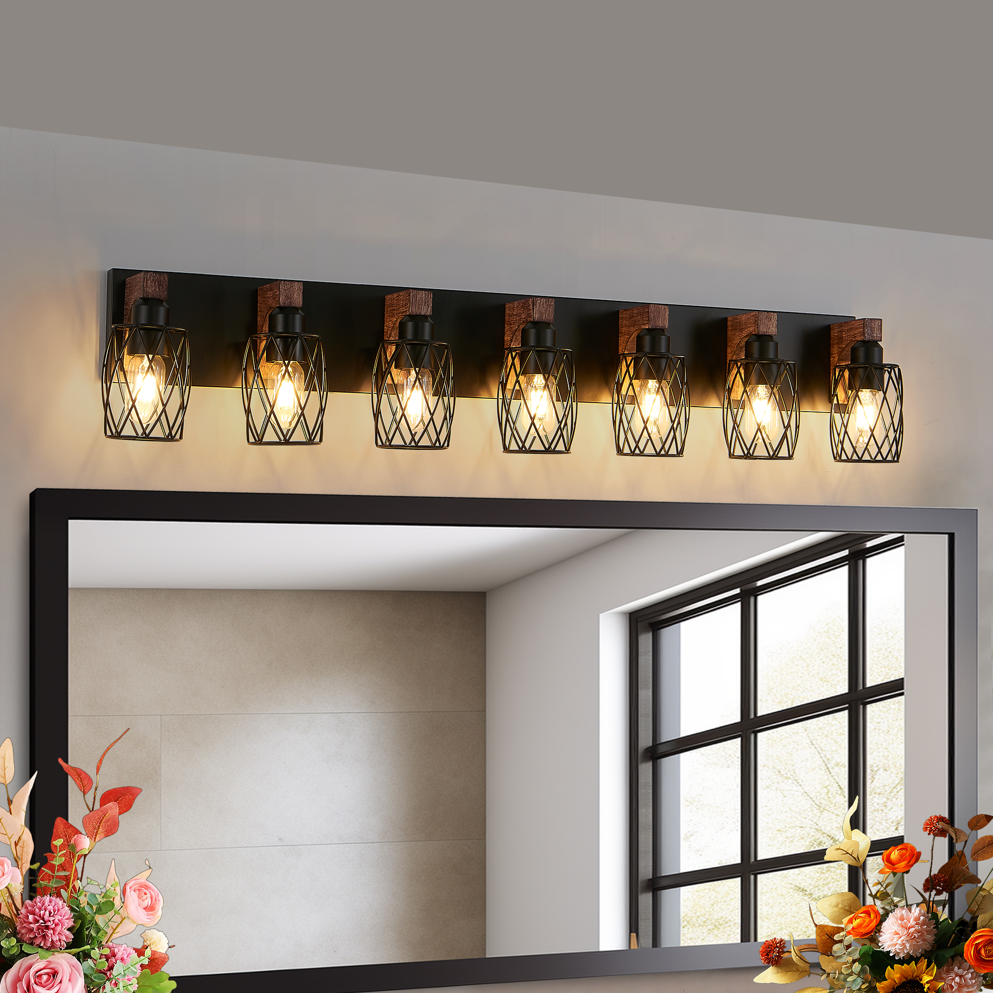 Industrial Vintage 7-Light Wall Sconce – Black Cage Wall Lighting Fixture with Wooden Accents for Bathroom, Hallway, or Living Room (Bulb Not Included)