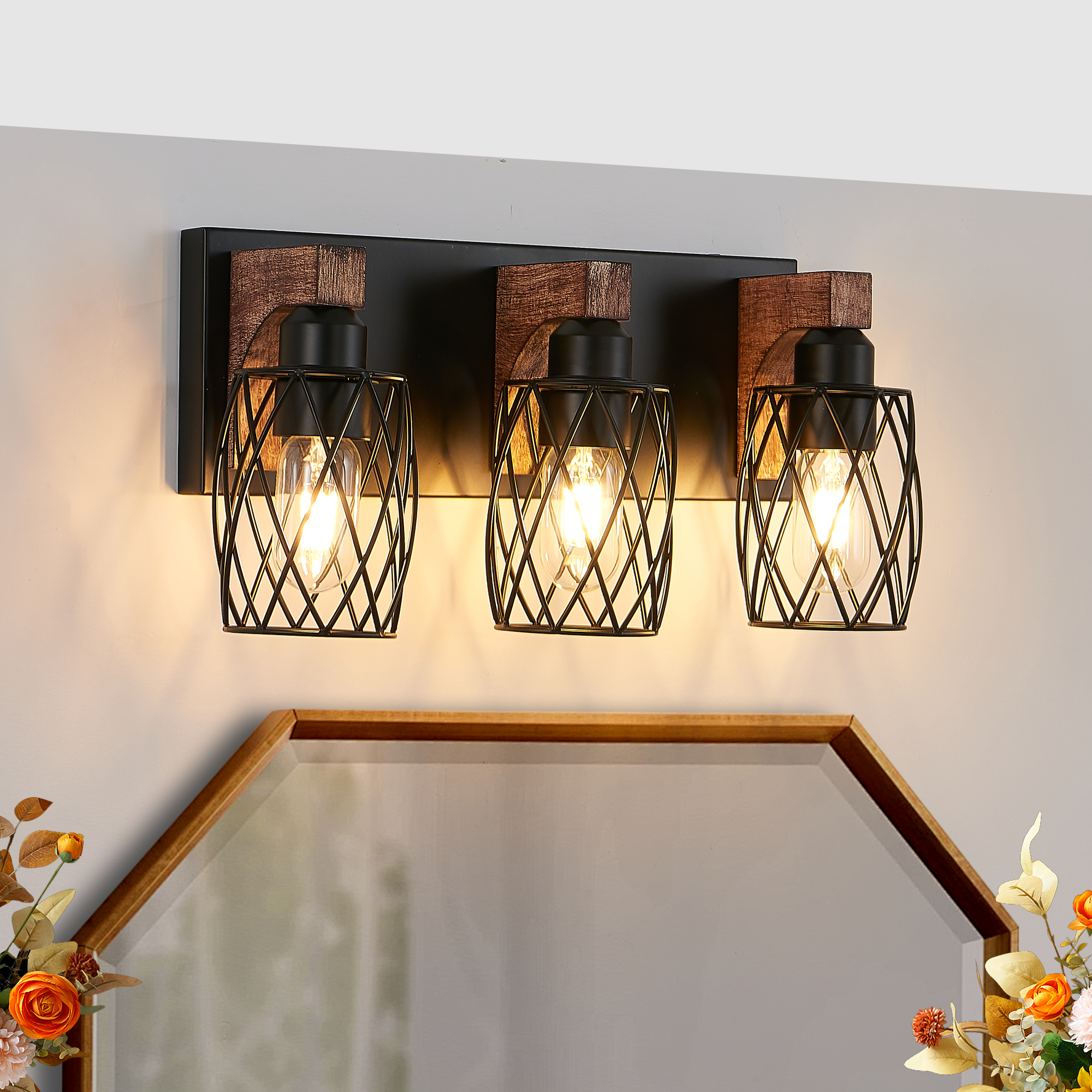 18″ Industrial Vintage 3-Light Wall Sconce – Black Cage Wall Lighting Fixture with Wooden Accents for Bathroom, Hallway, or Living Room (Bulb Not Included)