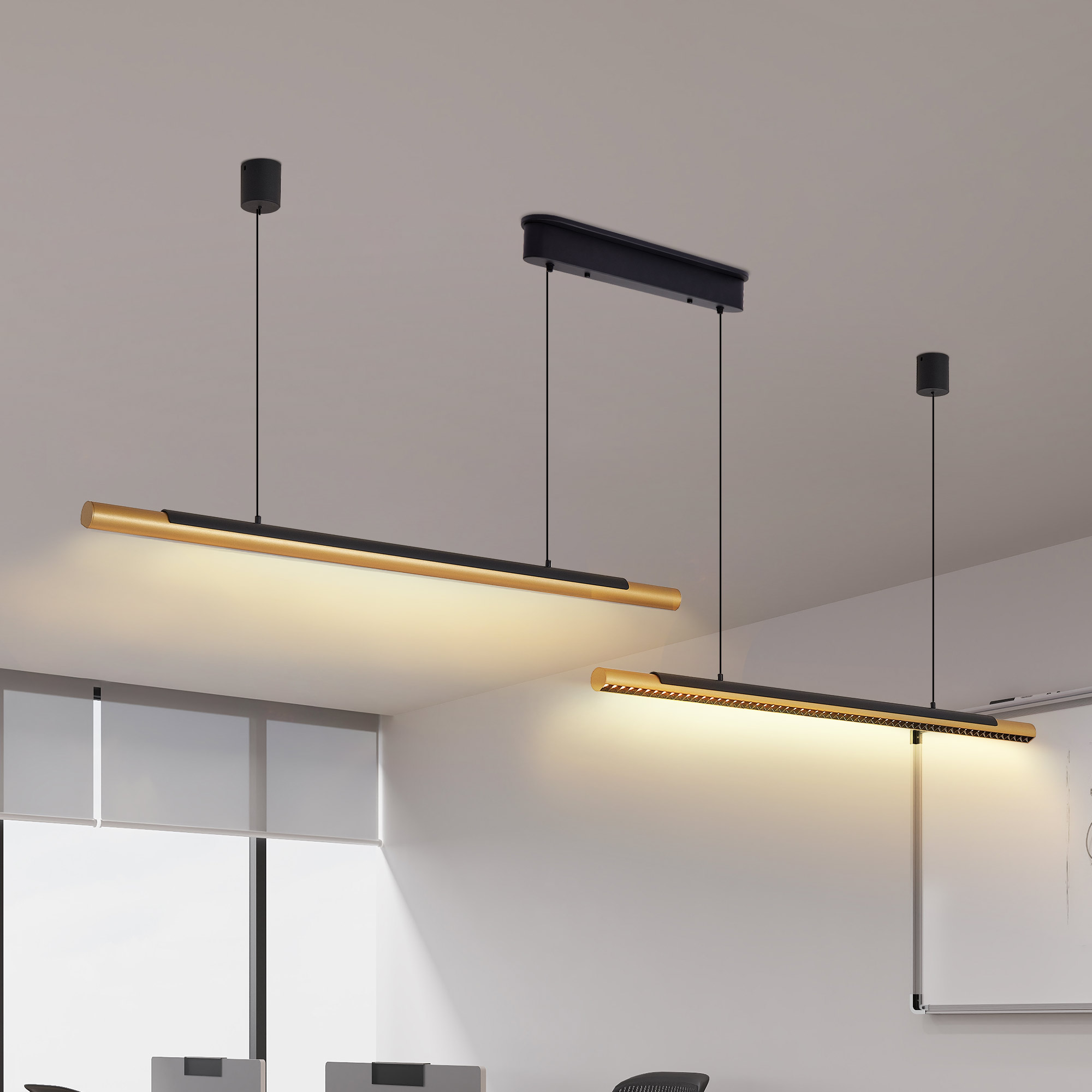 75-inch Modern Black and Gold LED Pendant Light, Adjustable Hanging Light for Dining Room, Kitchen, Living Room – Sleek Dual Tube Design