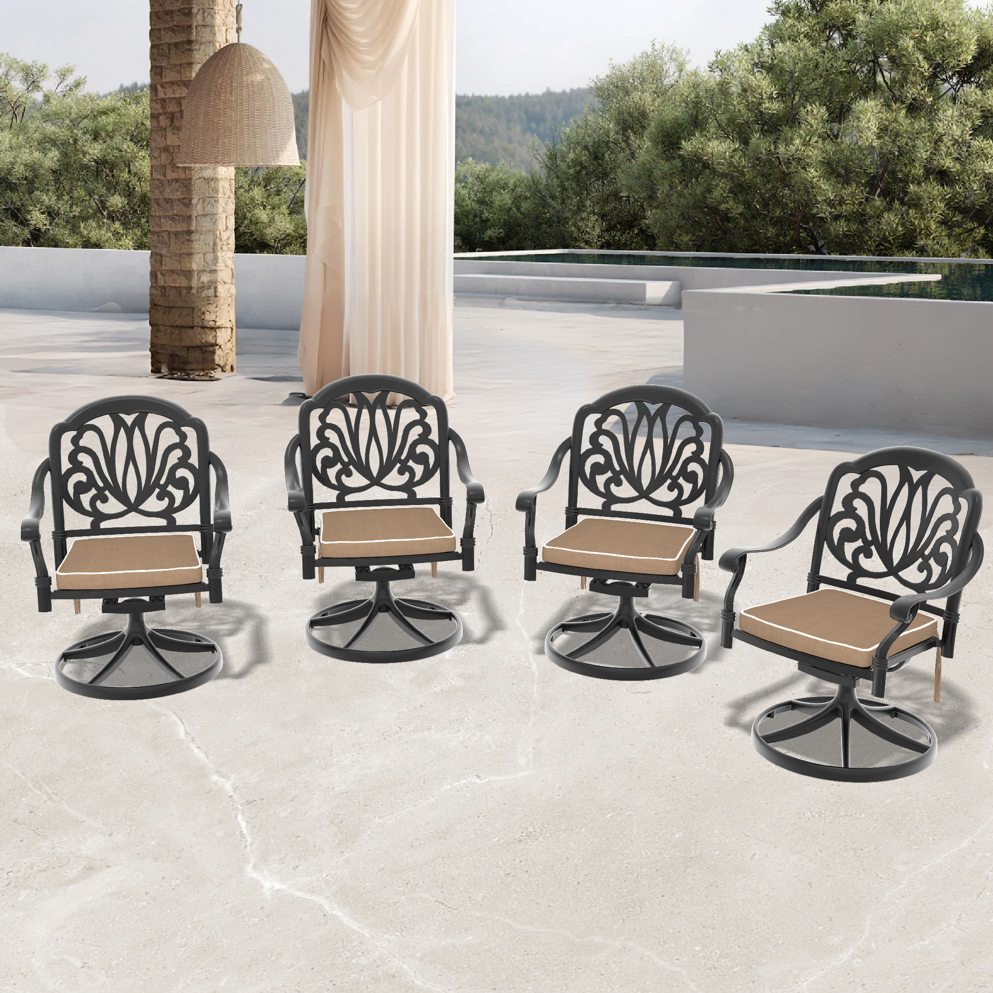 Cast Aluminum Patio Swivel Chair 4PCS With Black Frame and Brown Cushions (same as W1710S00410*2)
