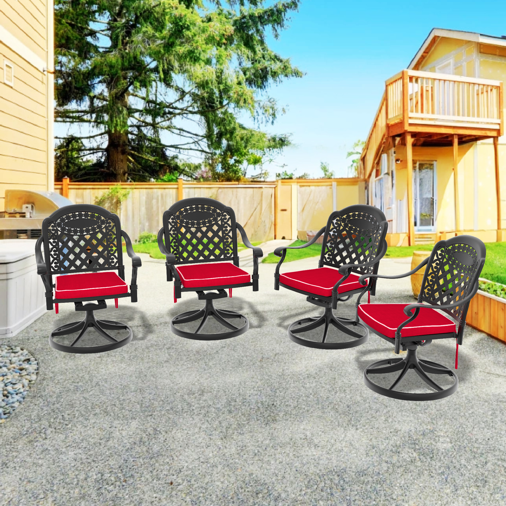 Cast Aluminum Patio Swivel Chair 4PCS With Black Frame and Red Cushions (same as W1710S00411*2)