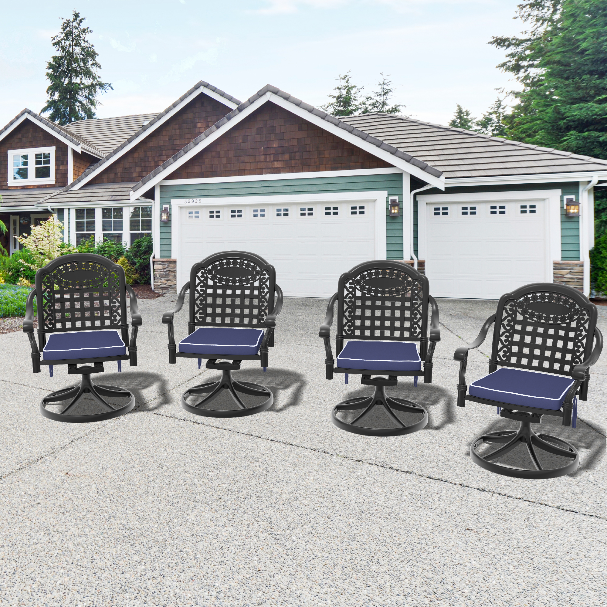 Cast Aluminum Patio Swivel Chair 4PCS With Black Frame and Blue Cushions(same as W1710S00412*2)