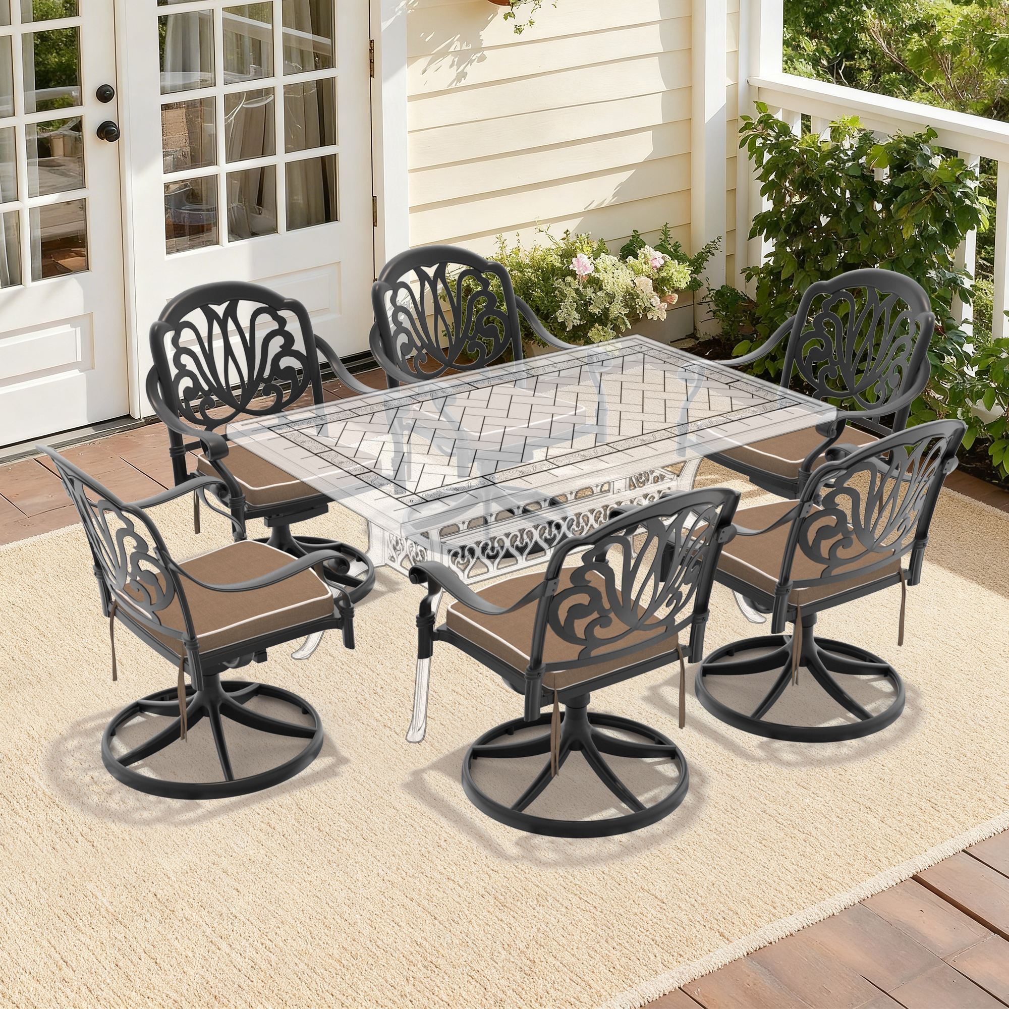 Cast Aluminum Patio Swivel Chair 6PCS With Black Frame and Brown Cushions