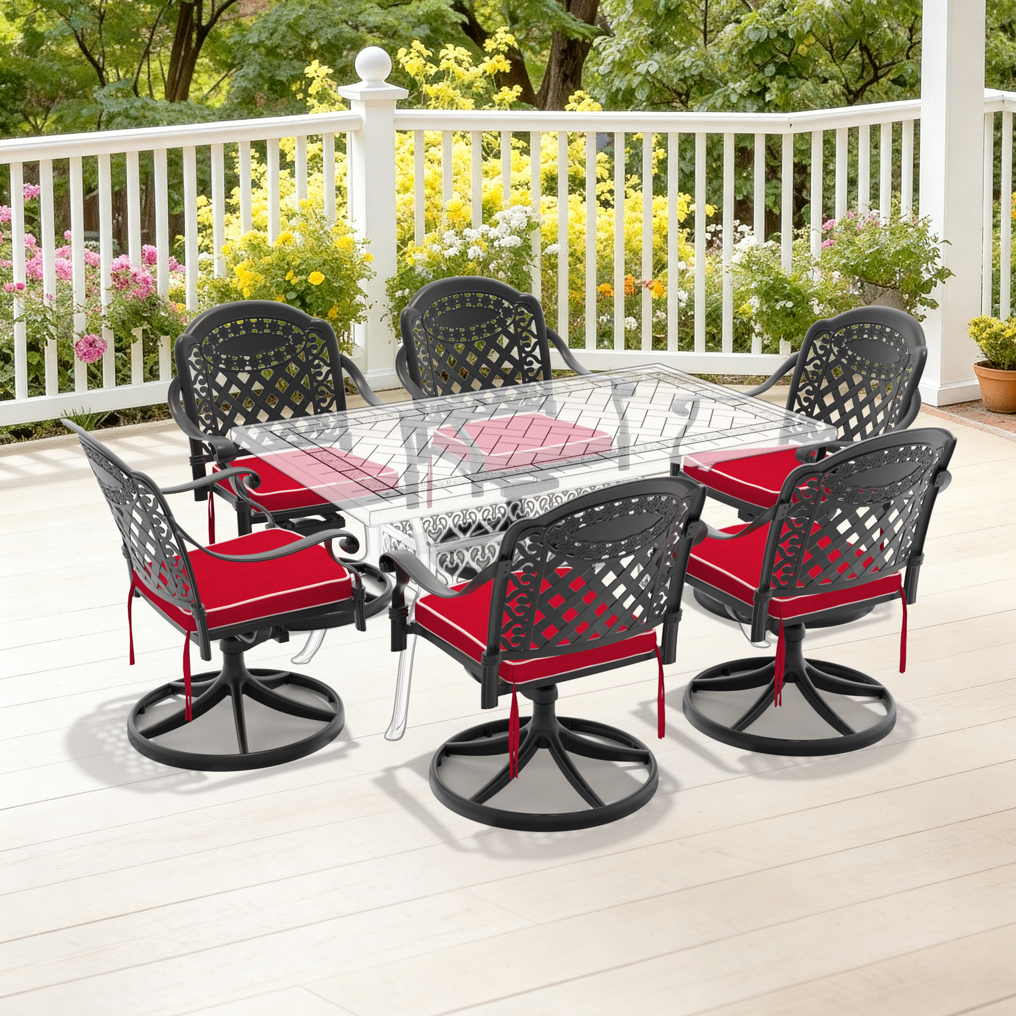 Cast Aluminum Patio Swivel Chair 6PCS With Black Frame and Red Cushions