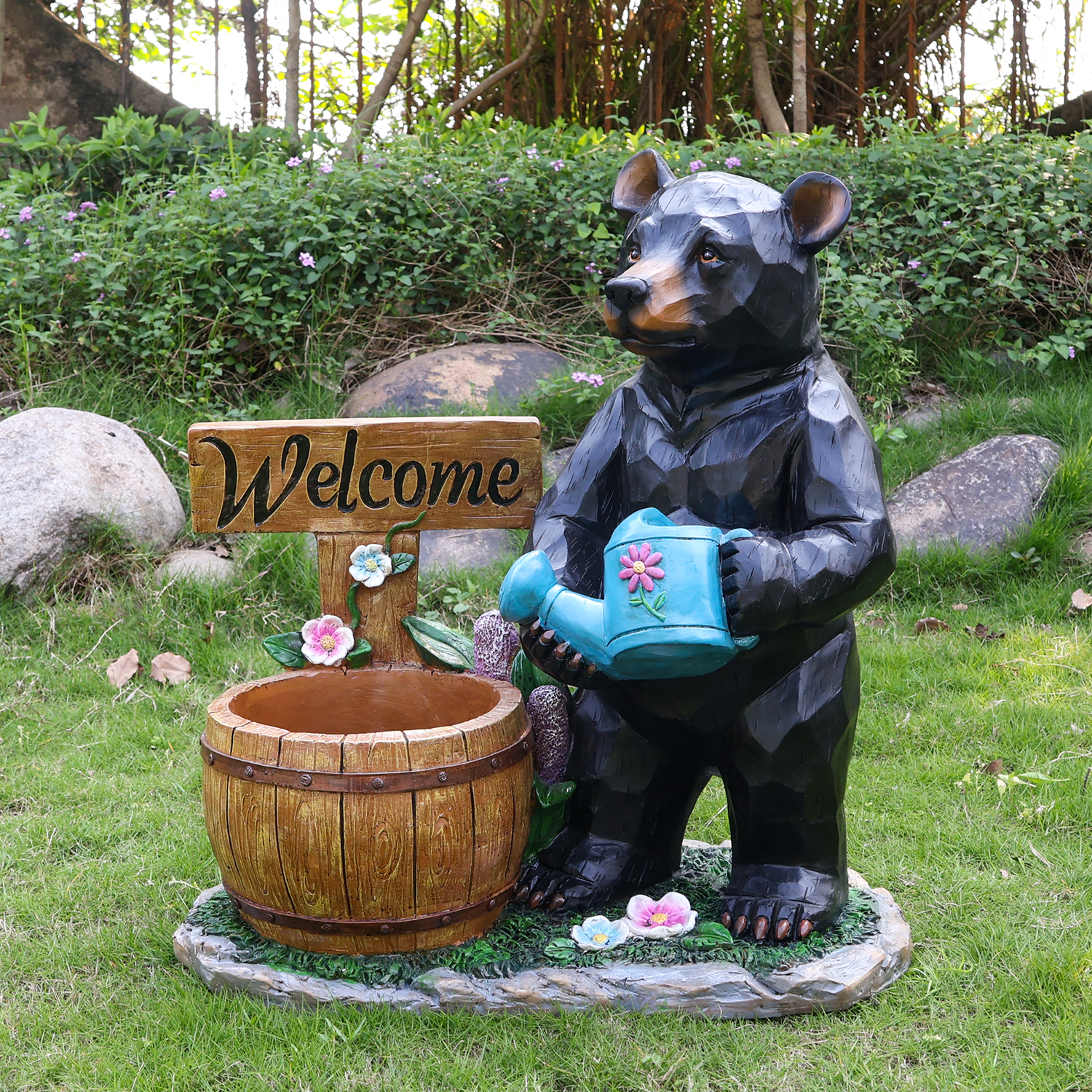 Outdoor Garden Sculpture Bear Flower Pot Planter – Unique Yard Statue Decoration, Interesting Law Outdoor Ornament
