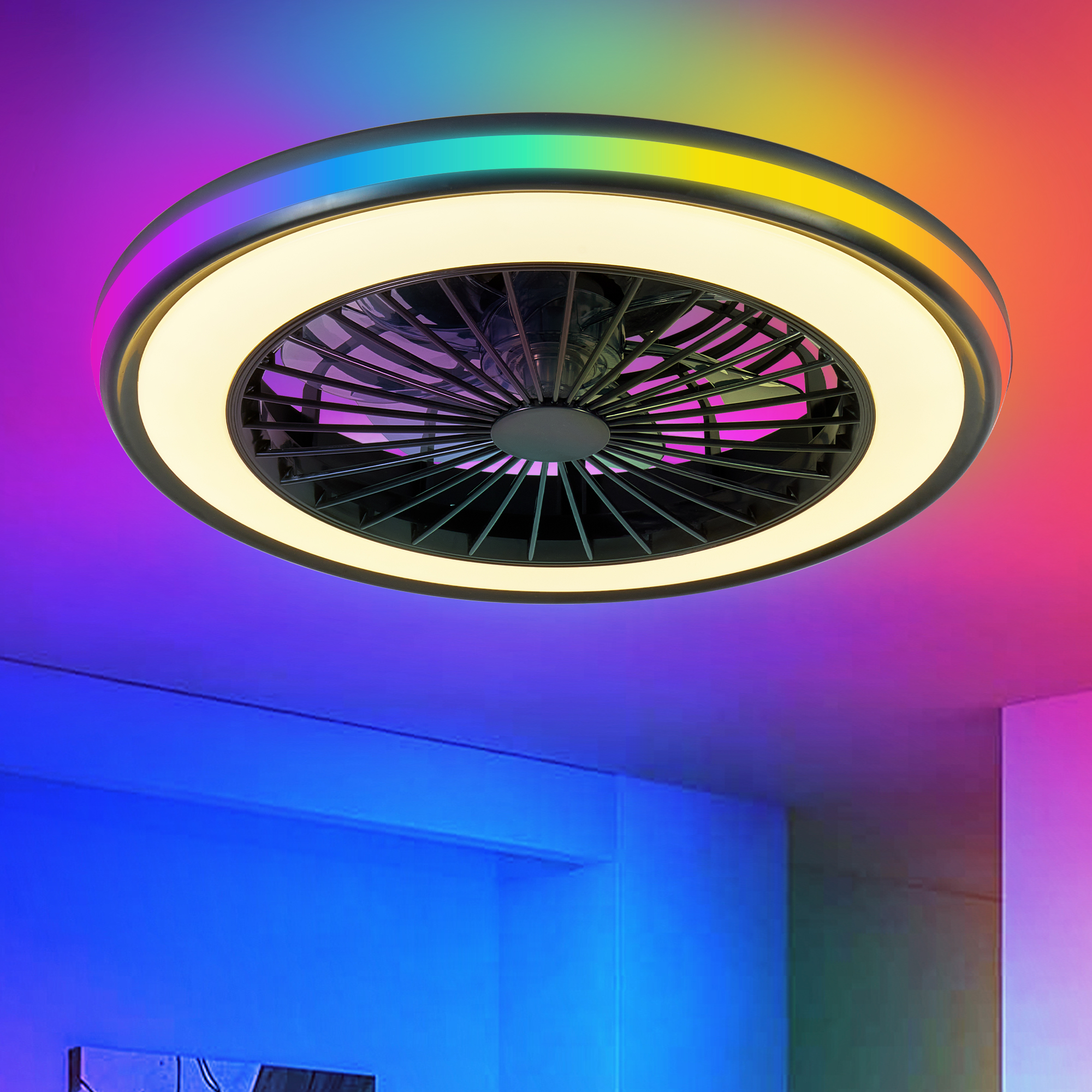 Modern LED Ceiling Light with Fan, RGB Ceiling Fan Lights, infinitely dimmable Light for Living Room, Bedroom, Office, 3000-4500-6000 K (Black & 20″ & RGB)