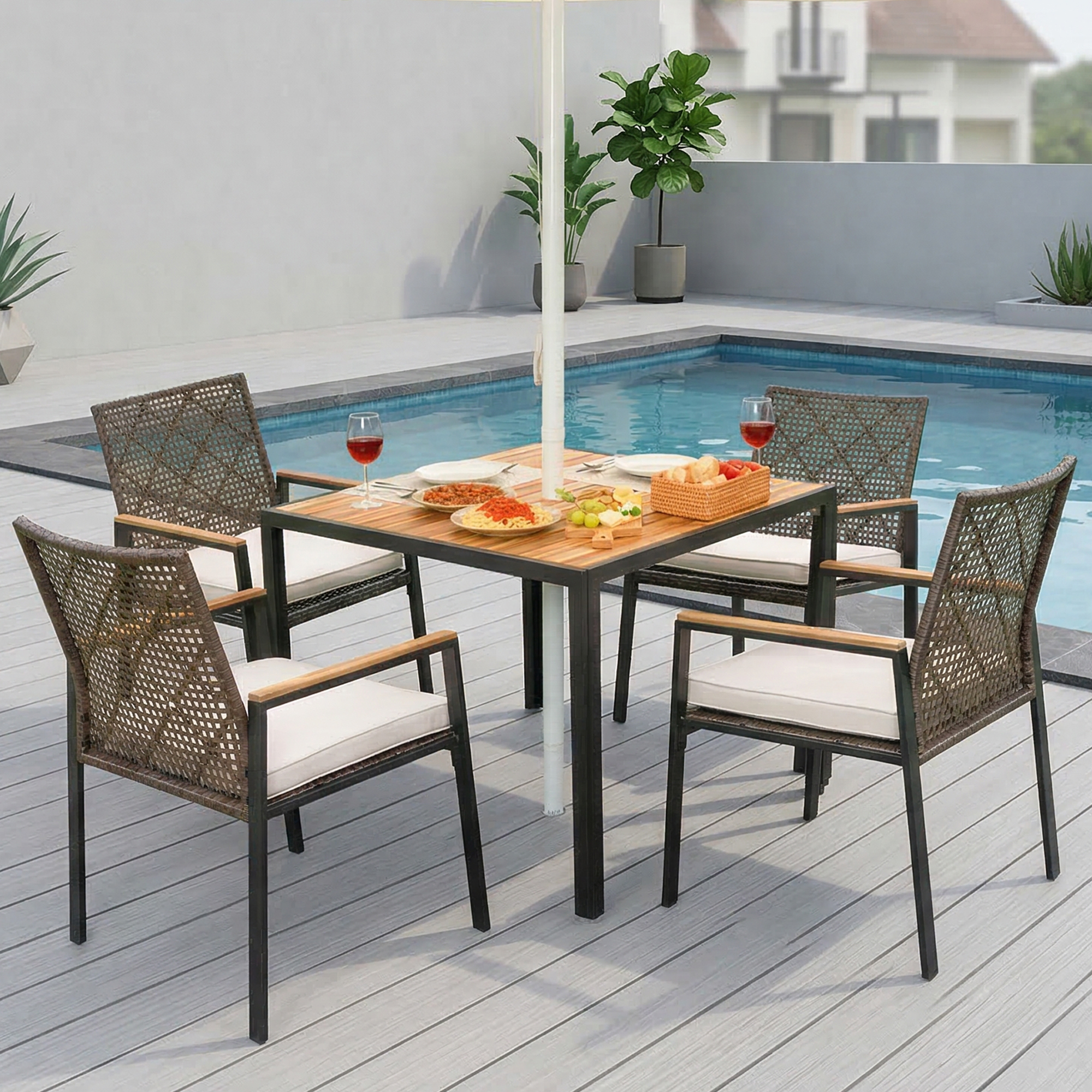 All Weather 5-Piece Patio Dining Table Sets, Patio Conversation Set Acacia Wood Table Top with Umbrella Hole, Rattan Outdoor, Coffee Brown Color