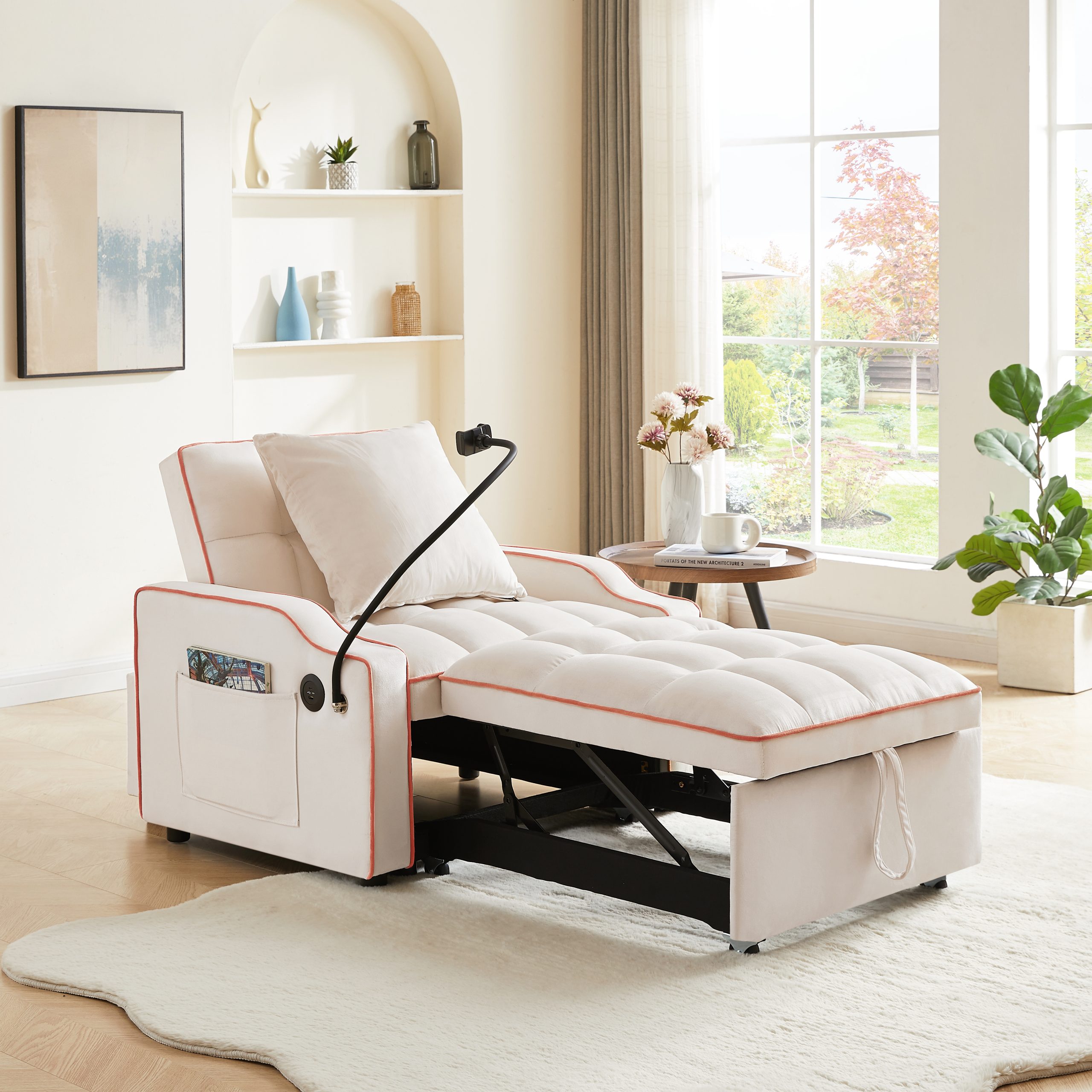 Sleeper Sofa Chair Bed, 3 In 1 Convertible Sofa Chair With With Adjustable Backrest & Phone Holder & USB, Type-C, Adjustable Recliner, Armchair For Living Room Bedroom Apartment Small Space, Beige