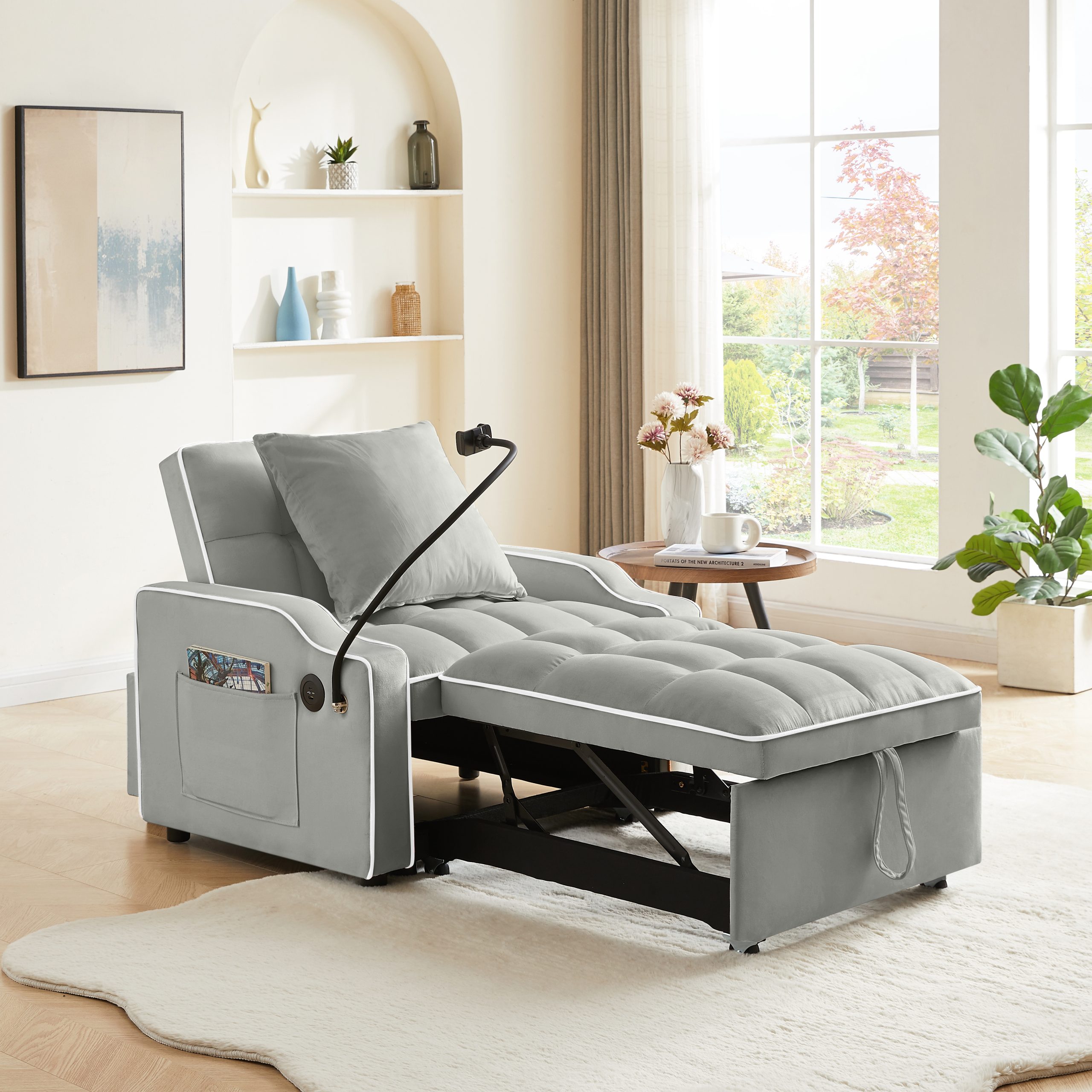 Sleeper Sofa Chair Bed, 3 In 1 Convertible Sofa Chair With With Adjustable Backrest & Phone Holder & USB, Type-C, Adjustable Recliner, Armchair For Living Room Bedroom Apartment Small Space, Gray