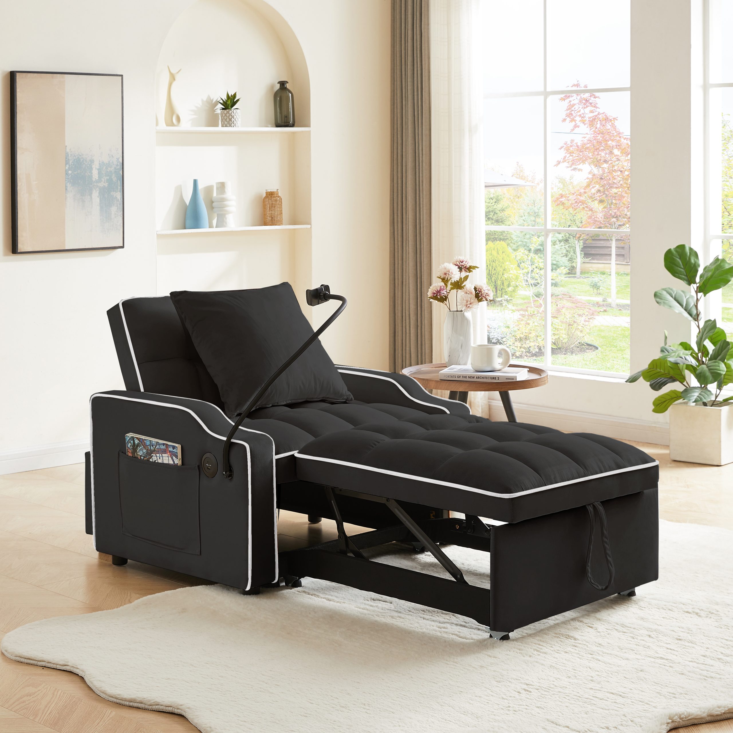 Sleeper Sofa Chair Bed, 3 In 1 Convertible Sofa Chair With With Adjustable Backrest & Phone Holder & USB, Type-C, Adjustable Recliner, Armchair For Living Room Bedroom Apartment Small Space, Black
