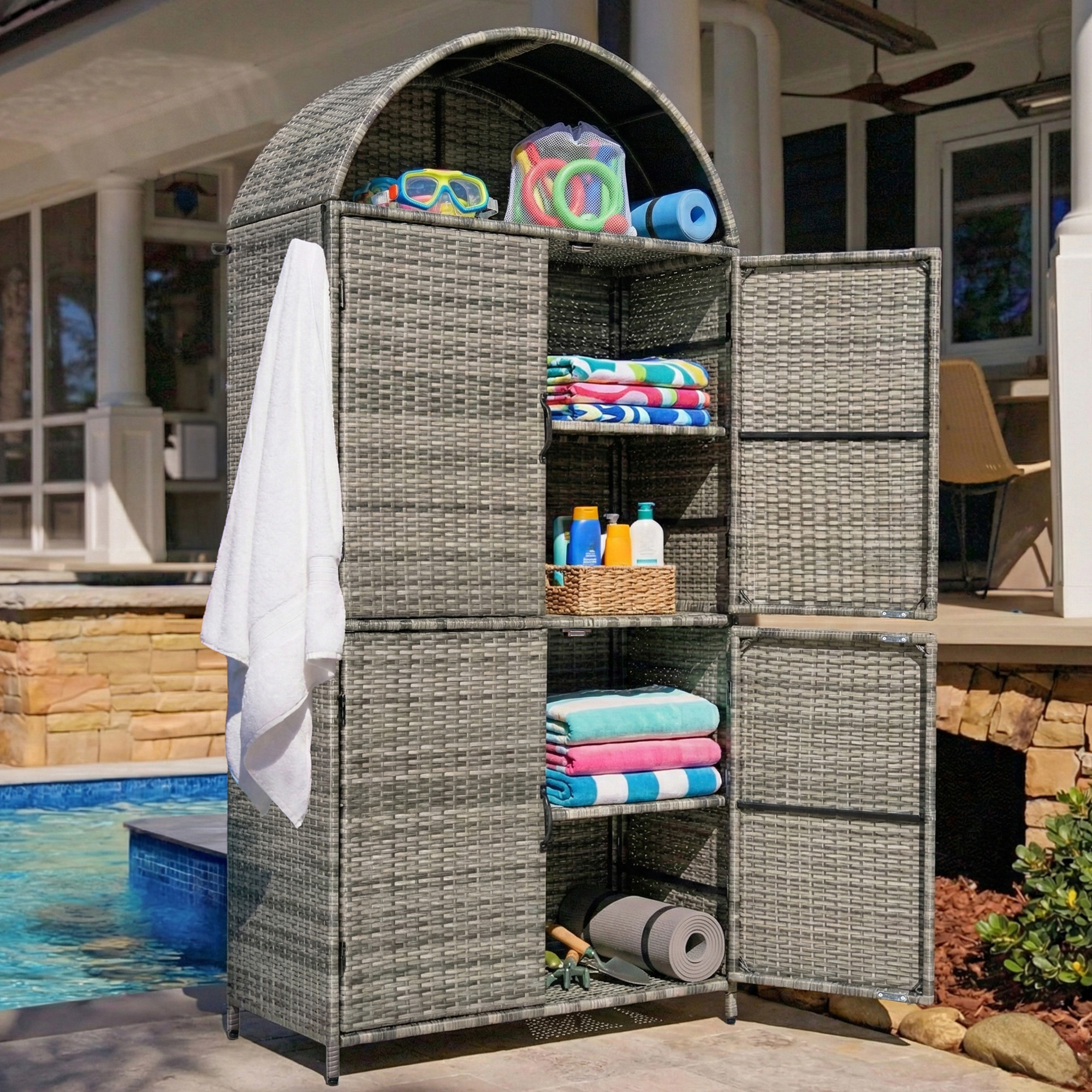 K&K 72″ Tall Arched Wicker Outdoor Storage Cabinet with Shelves, 4-Door Outdoor Rattan Vertical Storage Shed with Adjustable Shelves, Outdoor Towel Holder for Garden, Backyard, Pool, Grey