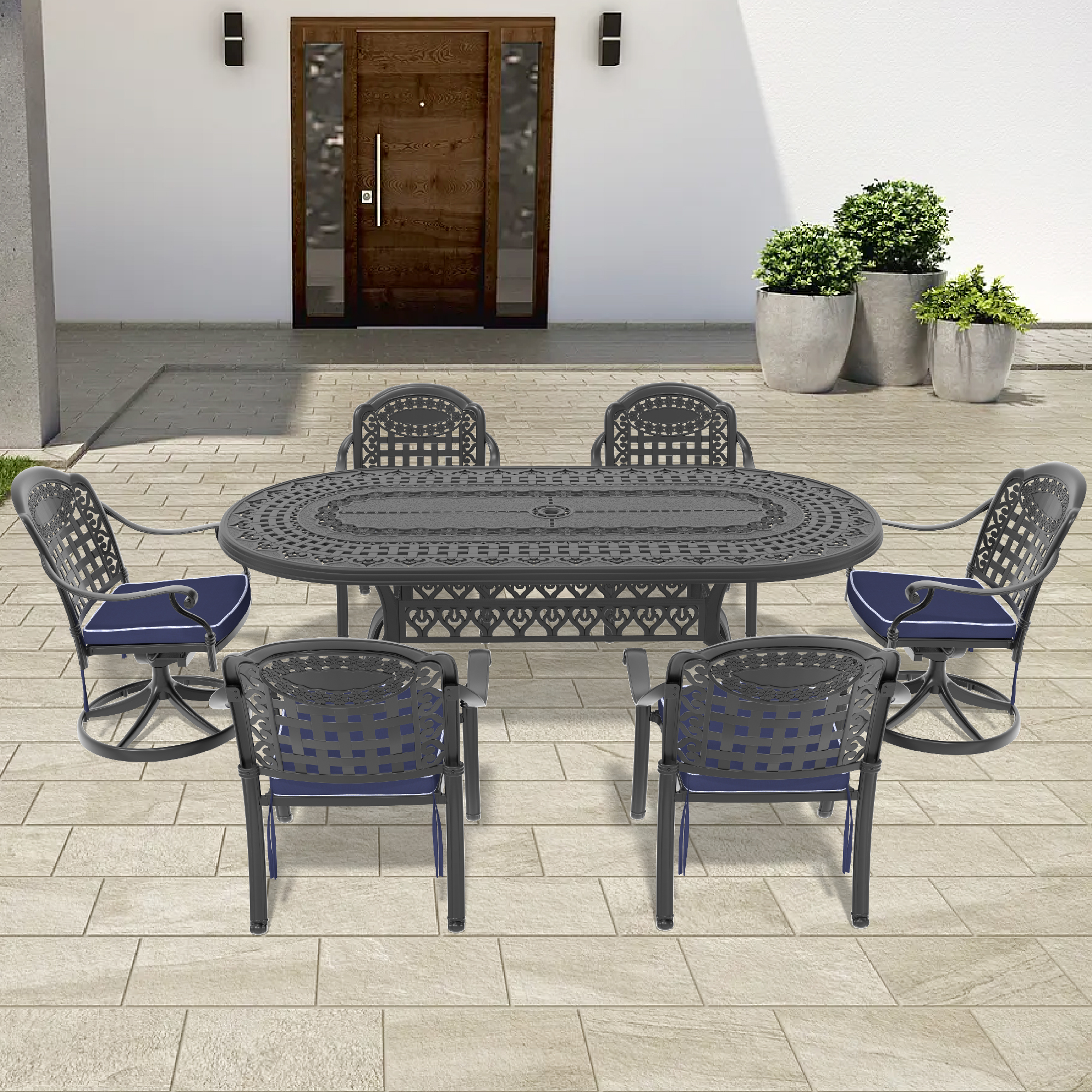 7-Piece All-Weather Cast Aluminum Dining Set, Include 2 Swivel Chairs,4 Dining Chairs and Oval Table With Black Frame