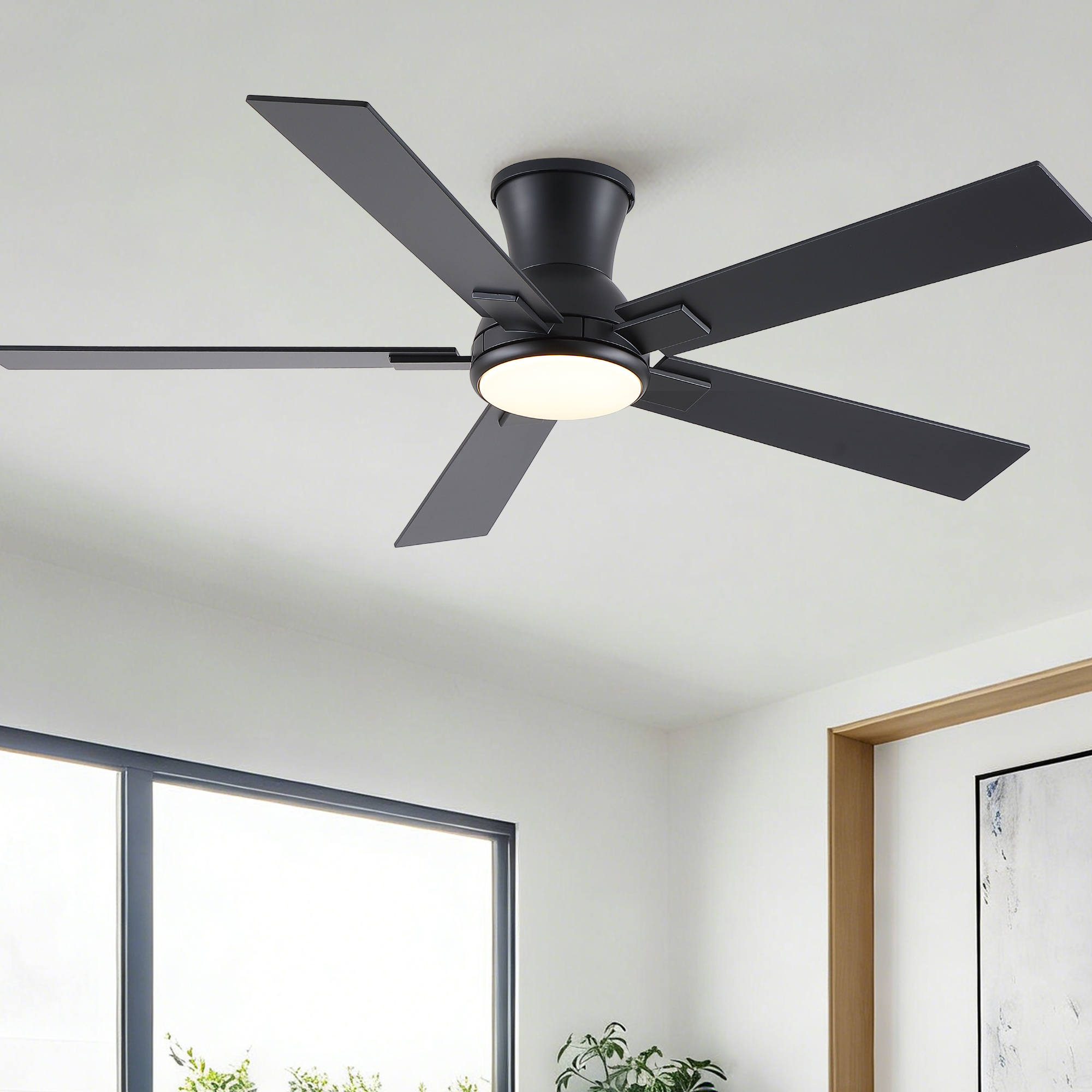 52″ Matte Black Modern Low Profile Flush Mount Intergrated LED Ceiling Fan with Light and Reversible Quiet Motor