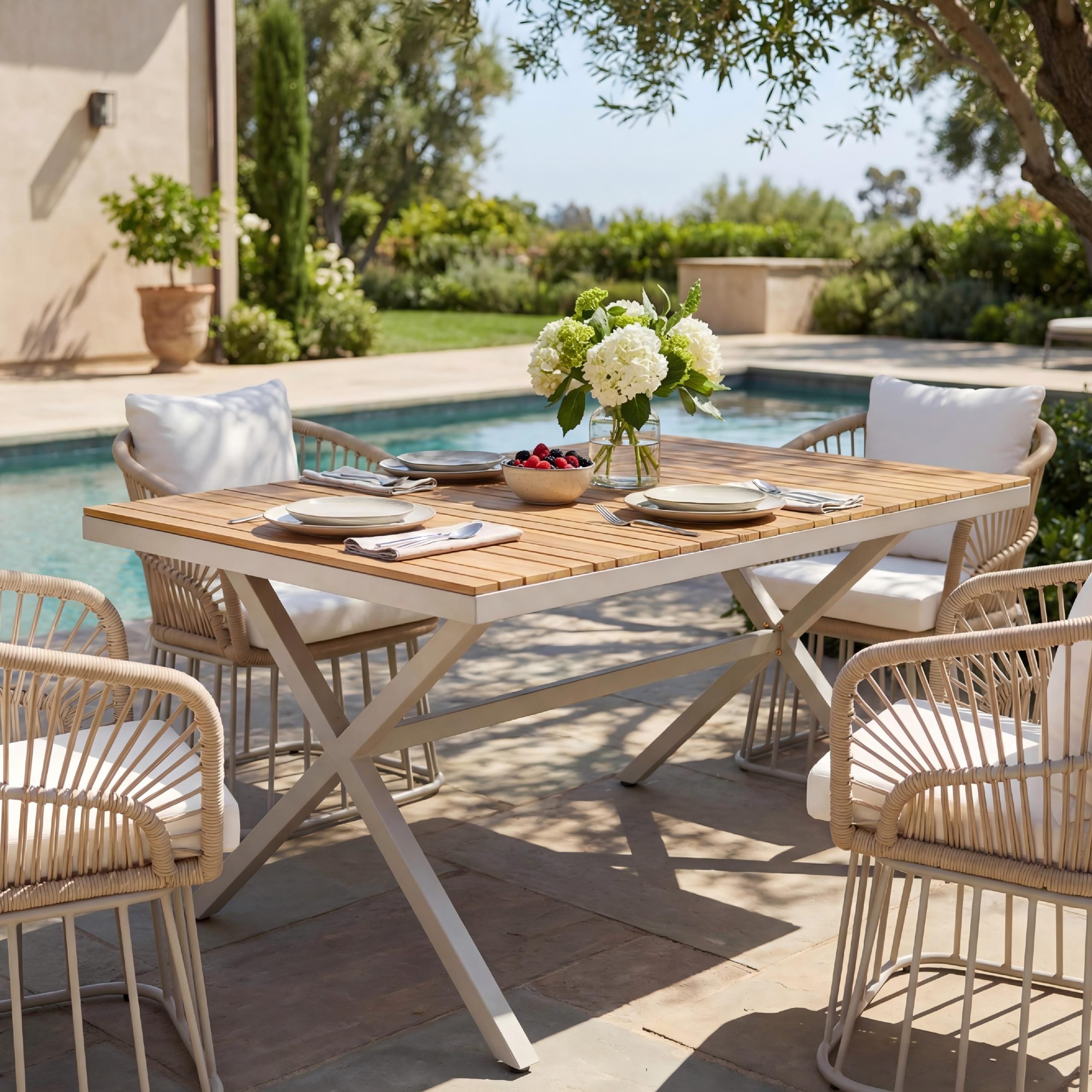 Teak Wood Top with Beige Steel Frame Outdoor Dining Table, 55.12″ Rectangular Patio Table with X-Shaped Legs, Weather-Resistant for Backyard, Garden, Deck and Poolside