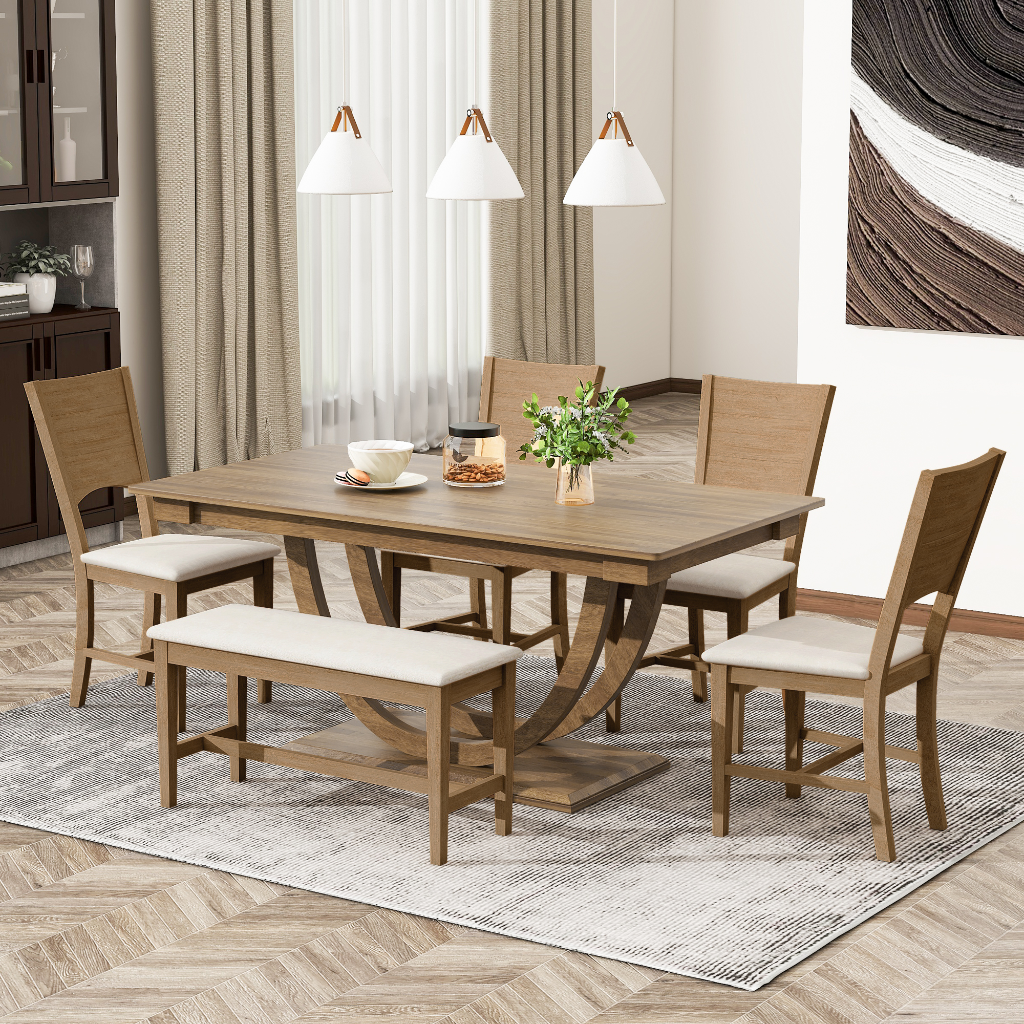 TOPMAX 6-Piece Wood Half Round Dining Table Set Kitchen Table Set with Long Bench and 4 Dining Chairs, Modern Style, Brown