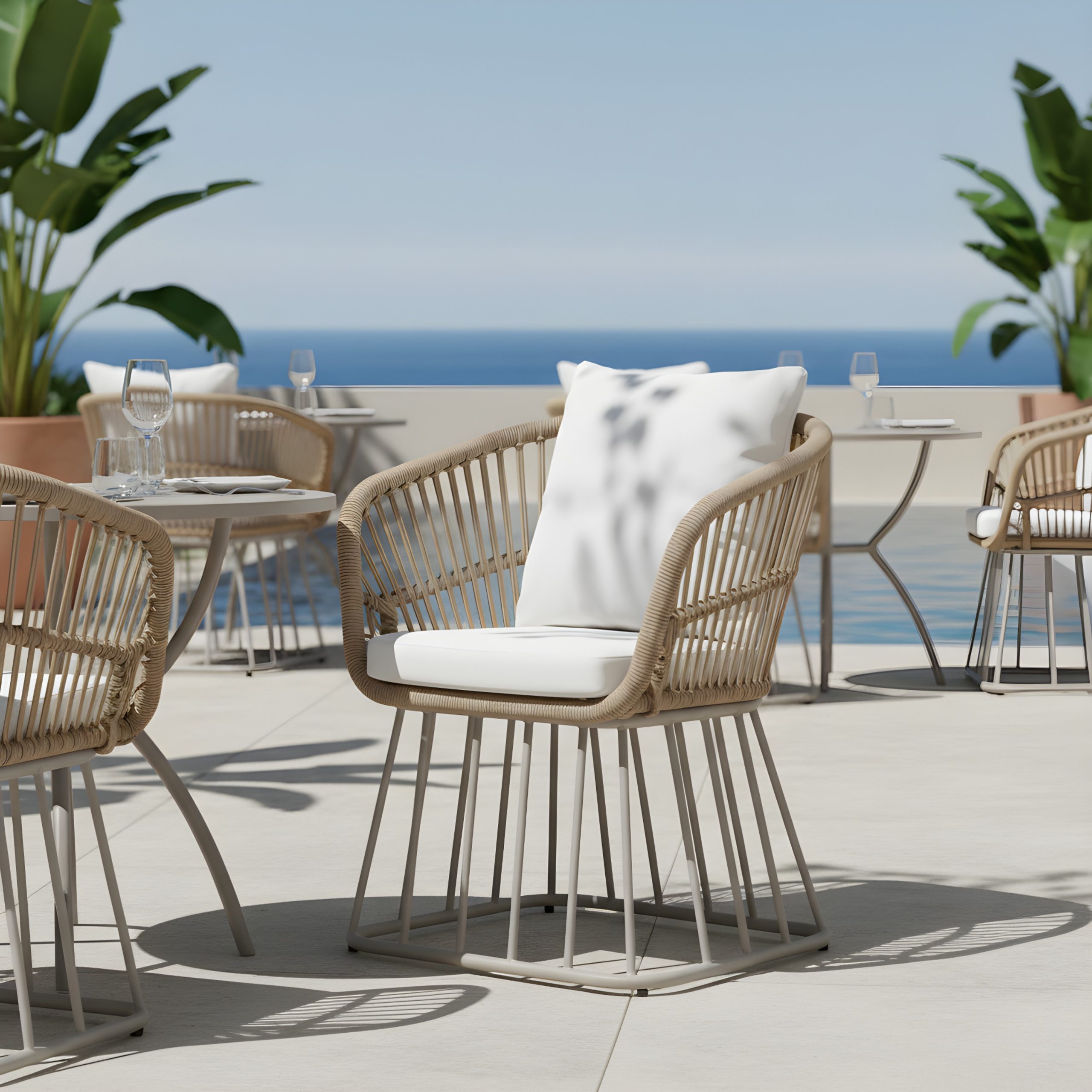 Outdoor Dining Chair MP1 – Teak Finish Wicker & Beige Steel Frame, 300LBS Weight Capacity, Includes Cushion