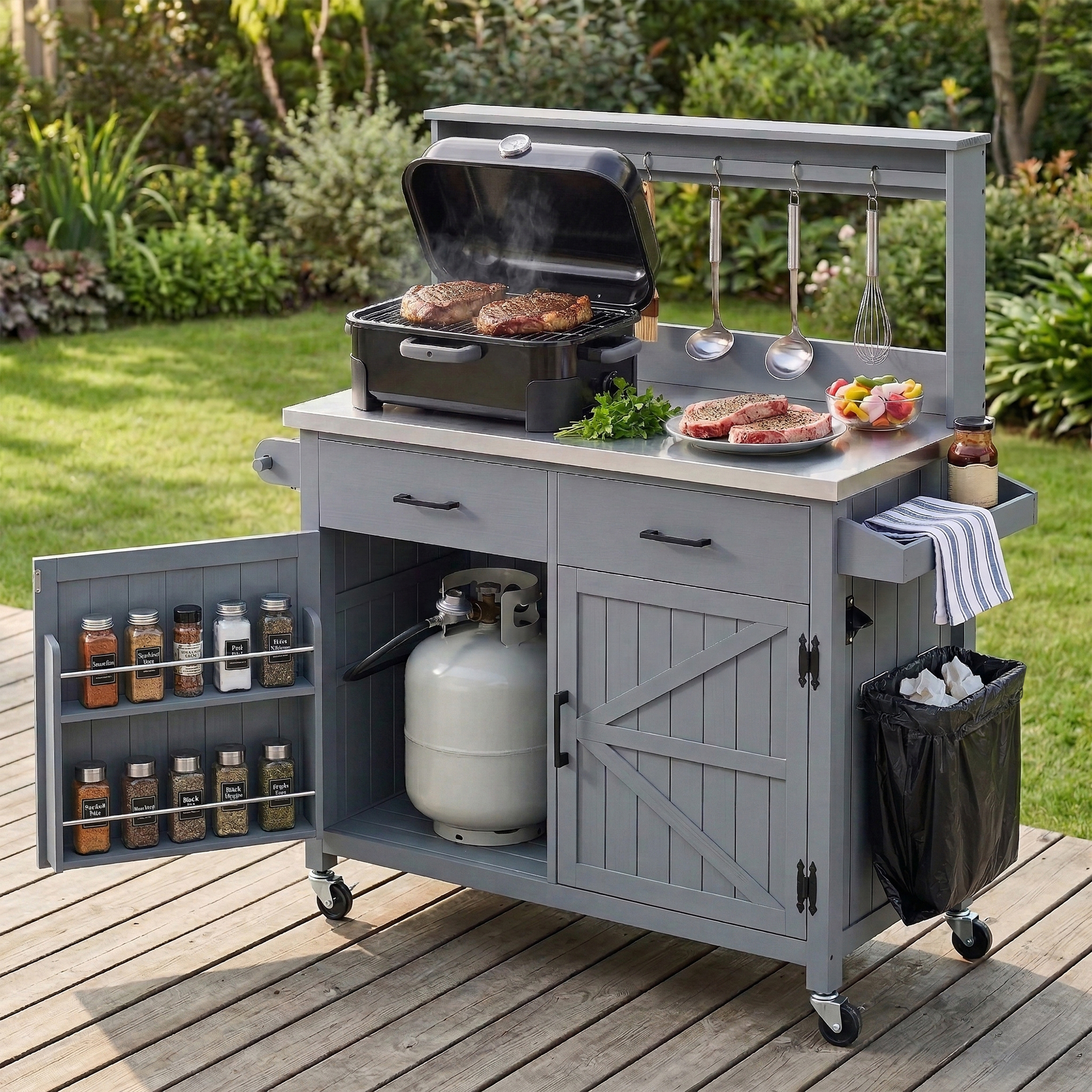 K&K 54.1″ Outdoor Kitchen Island with High Shelf, Large Outdoor Potting Bench Table with Stainless Steel Top and Storage Cabinet, Solid Wood Grill Cart With Lockable Wheels for BBQ, Garden, Grey Blue